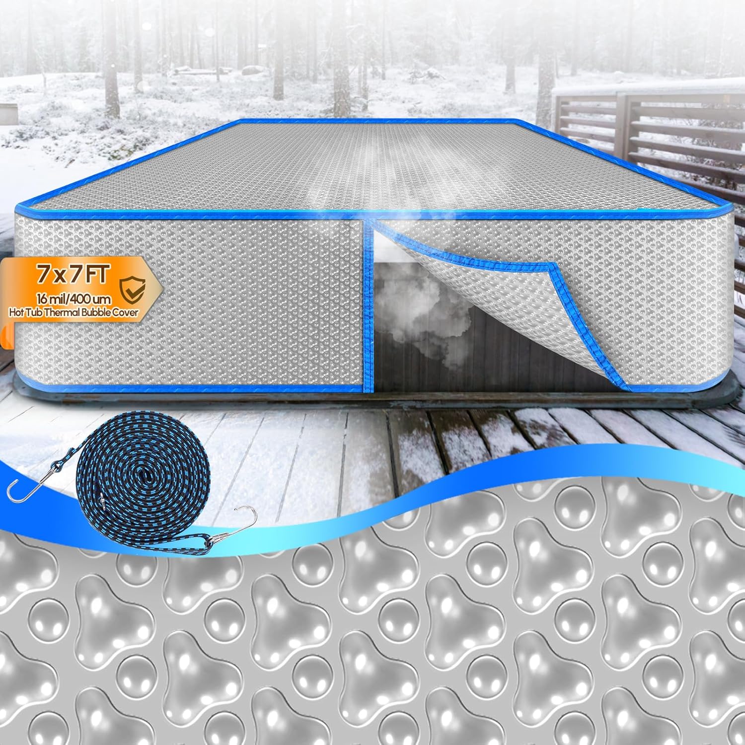 84" L x 84" W x 28" H Thermal Bubble Cover - Waterproof Hot Tub Pool Cover with Elastic Straps for Wind Resistance, Thermal Spa Cover for Heat Preservation Fits 84" Square Hot Tub 7' x 7' (Square)