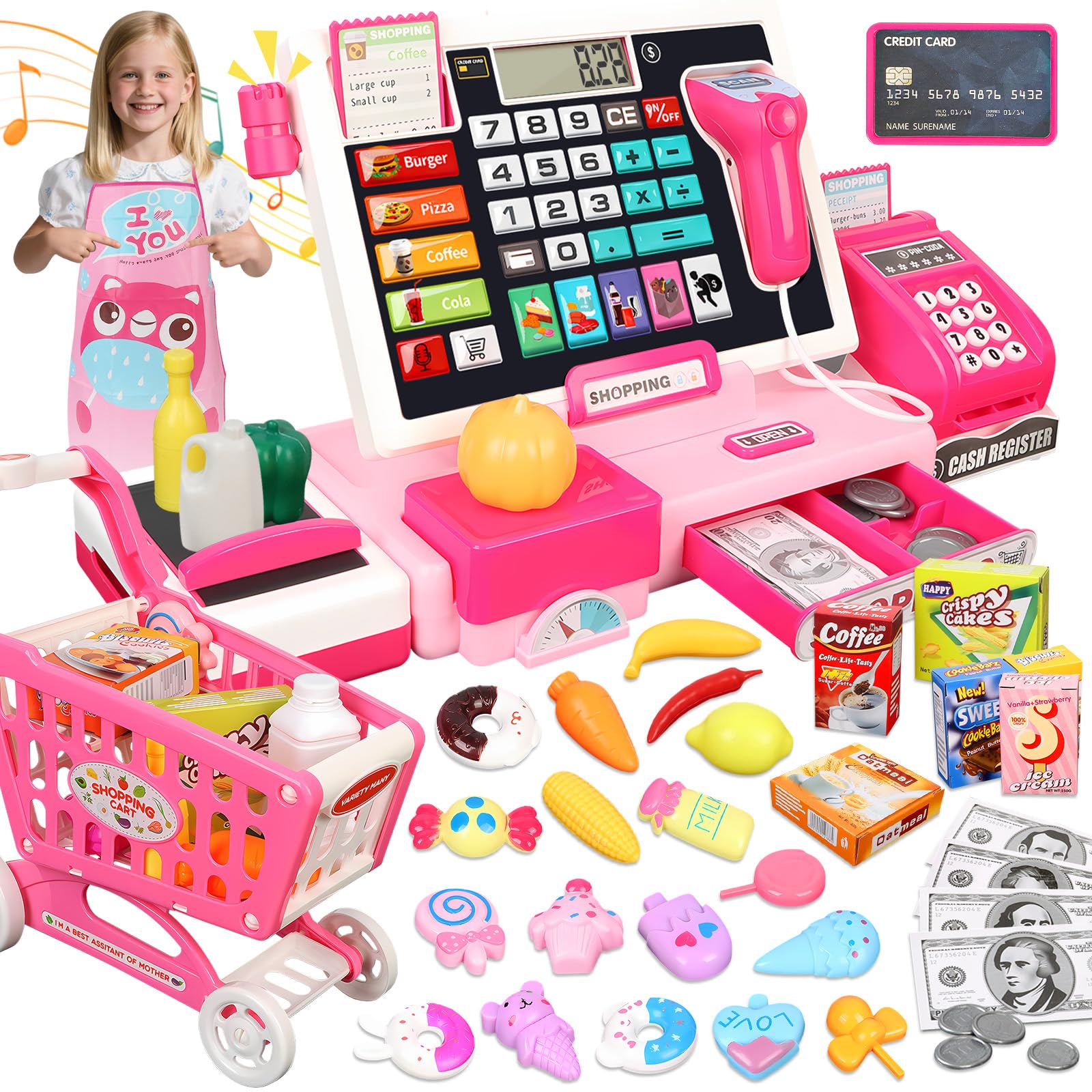 IEEILULU Cassa Giocattolo per Bambini, Cassa Supermercato Giocattolo - Con 52 Accessori(Vera Calcolatrice/Scanner/Soldi Finti/Cibo, Ecc.), Giocattolo Educativo Regalo per Ragazze Ragazzi 3 4 5 6 7 8