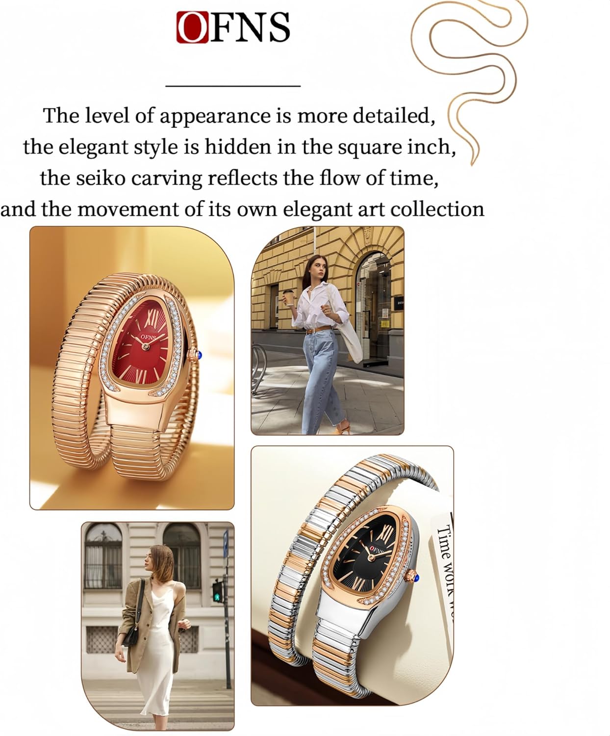 OFNS Snake Watches for Women Luxury Women's Snake Shape Bangle Watch Diamond Quartz Wristwatch Ladies with Roman Numerals Dial - Image 7