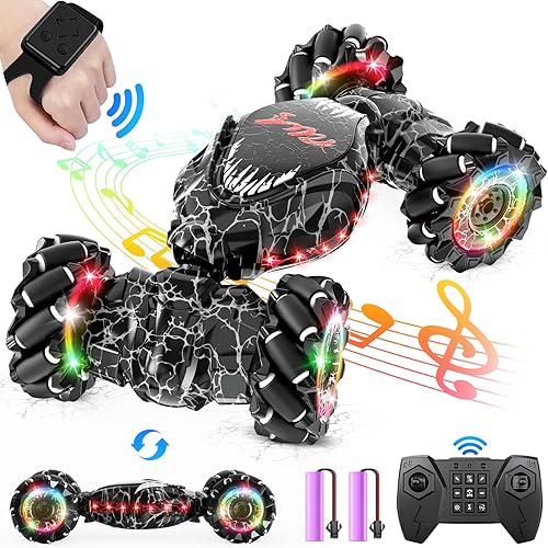 Miniatura 8 de Auto de control remoto, 2.4 GHz, auto de acrobacias RC con detección de gestos LED, 4WD de rotación de doble cara con luces y música, automóvil de