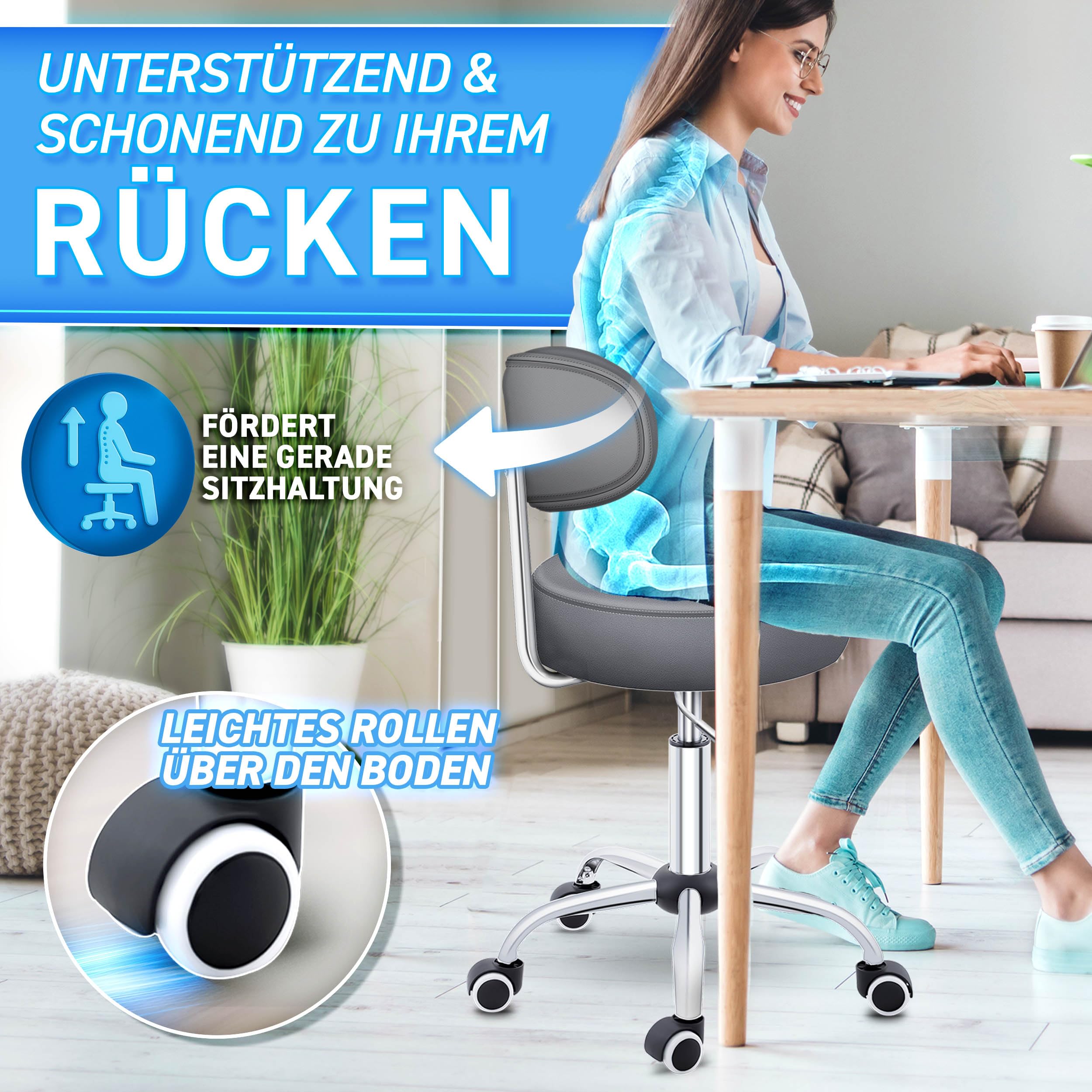 TRESKO® Rollhocker mit Lehne Grau | Arbeitshocker höhenverstellbar 46-58 cm | Drehhocker mit Rollen | Bürostuhl Hocker Drehstuhl Kosmetikhocker