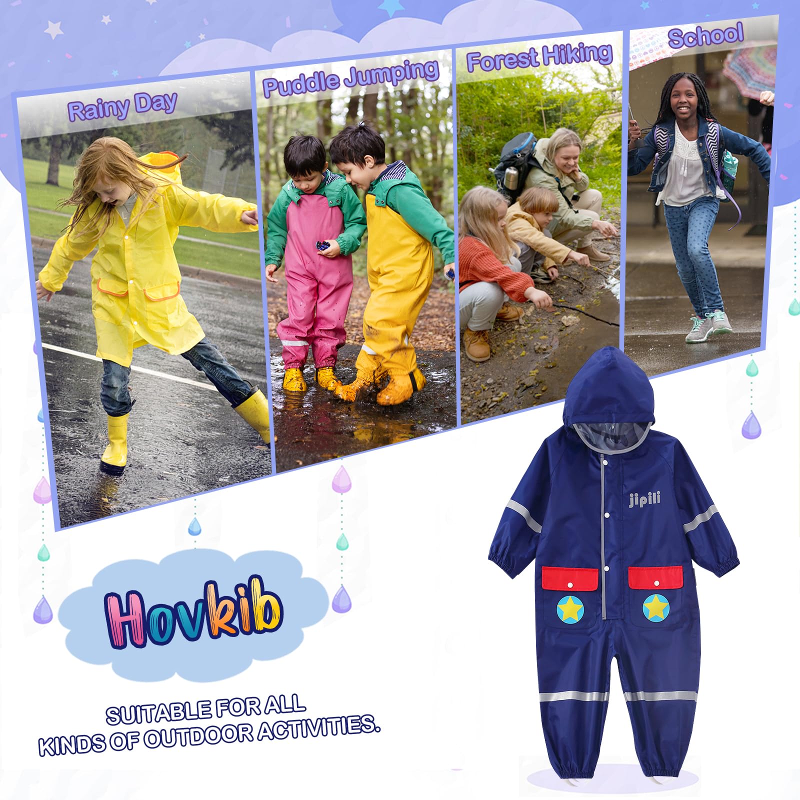 Traje de Lluvia Niños Niñas Chubasquero de Una Pieza Niños Mono Impermeable Lindo Dibujo Poncho de Lluvia Ligero Traje de Barro Unisex Ropa de Lluvia 1-10 Años