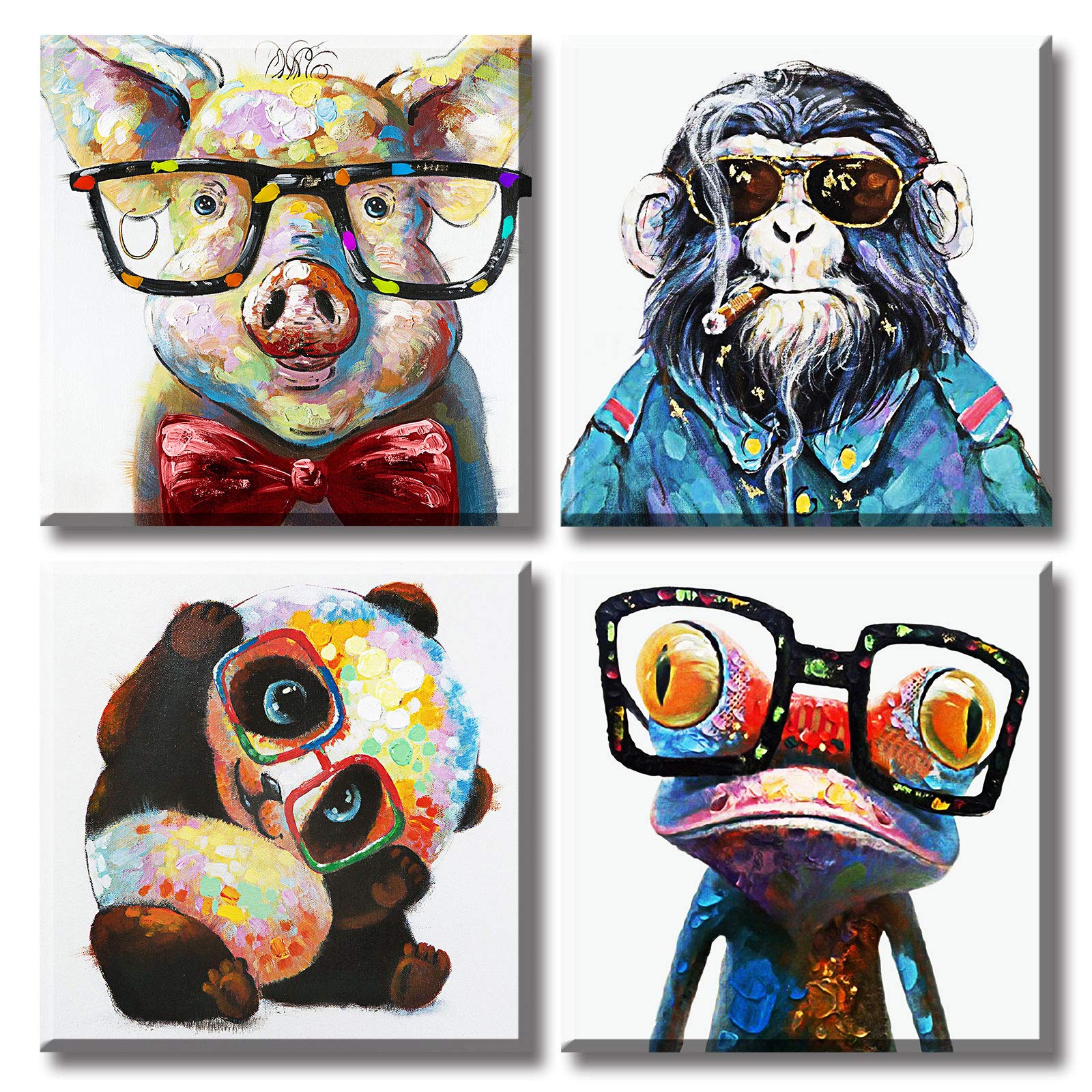 BLINFEIRUColorful Cartoon Animal Wall Art Funny Cute Panda Frog Pig Orangutan Pictures Bedroom Decor 12''X12''X4