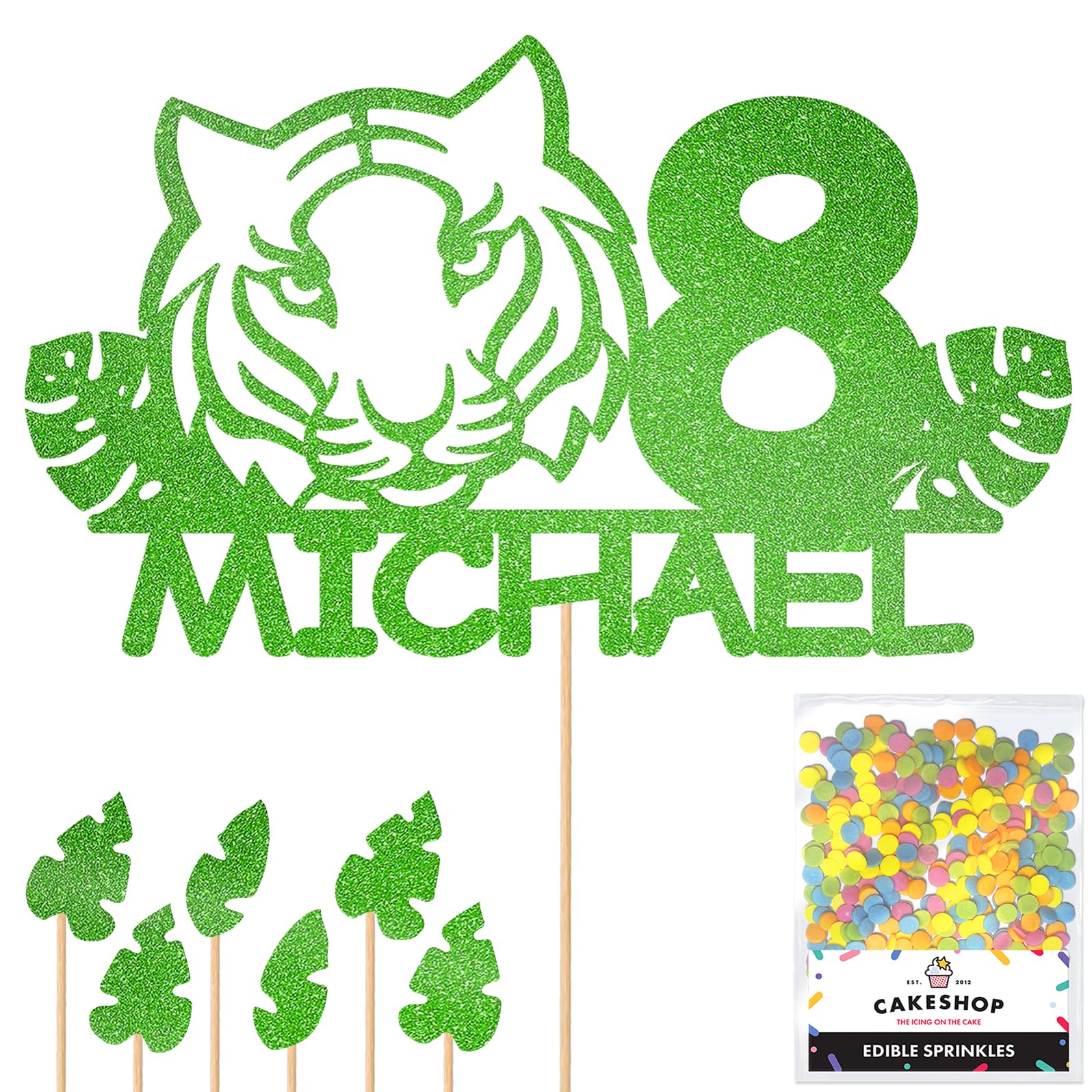 Personalised Birthday Jungle Tiger Glitter Cake Topper- Green Any Custom Age & Name Glitter Cake Decoration and Sprinkles - Happy Birthday Decorations - Personalised Toppers for Cakes by Cakeshop — image 1