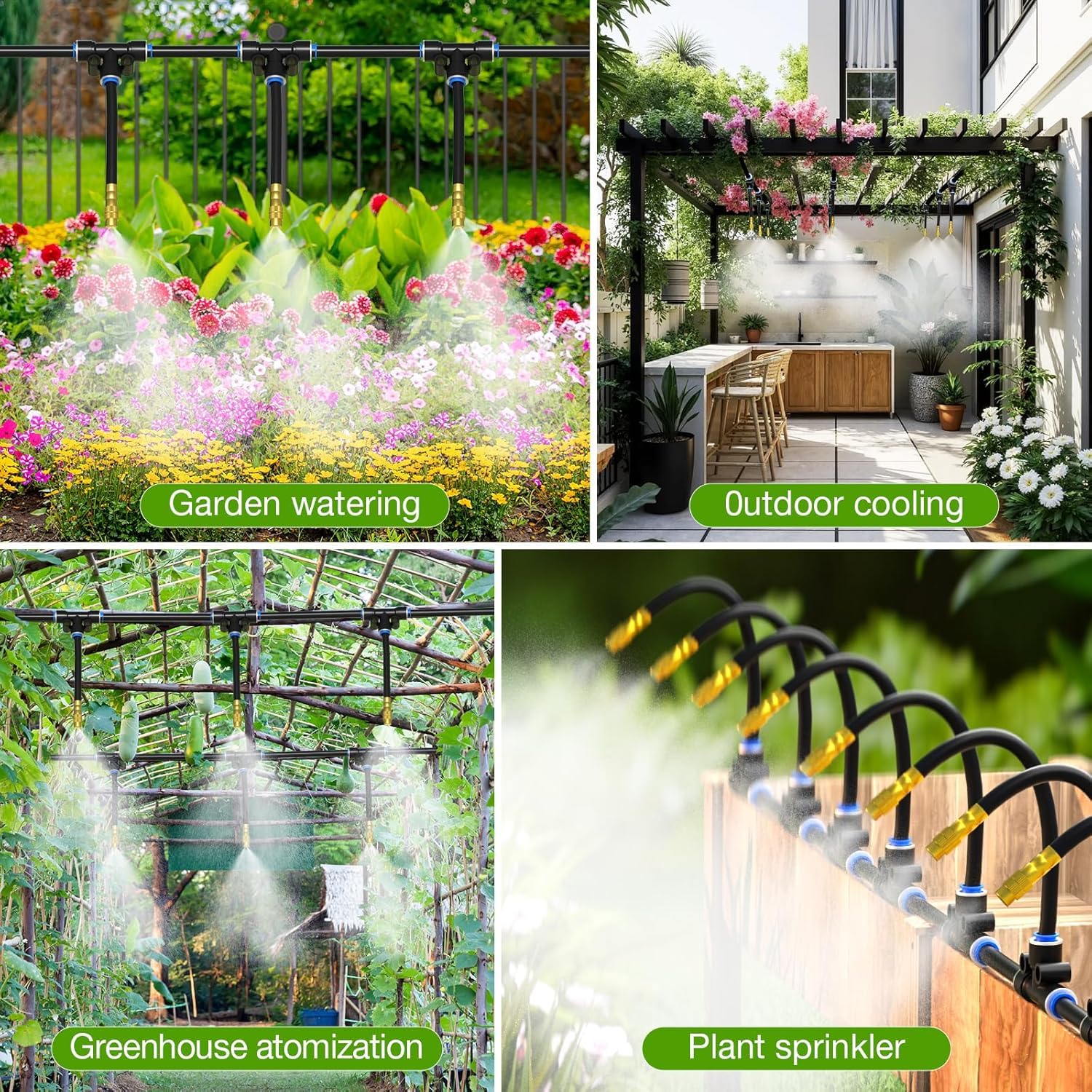 Sistema de riego de jardín flexible a 360°, sistema de riego de 100 pies con 16 boquillas de pulverización ajustables, nebulizador Gardineer para sistema de refrigeración de niebla al aire libre