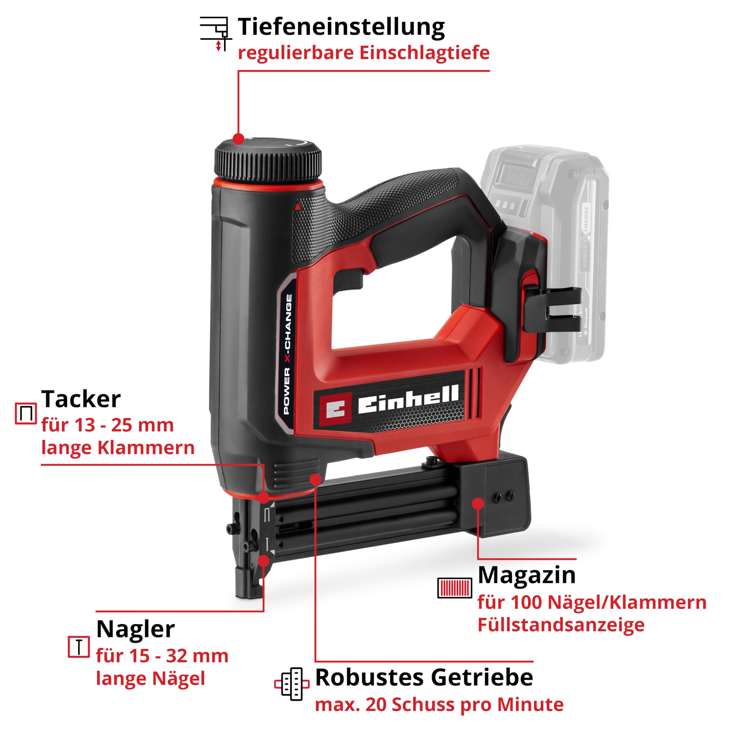 Einhell Akku-Nagler TE-CN 18/32 Li Power X-Change 18 V 20 Schläge/min max. 32 mm Nägel inkl. Akku & Ladegerät