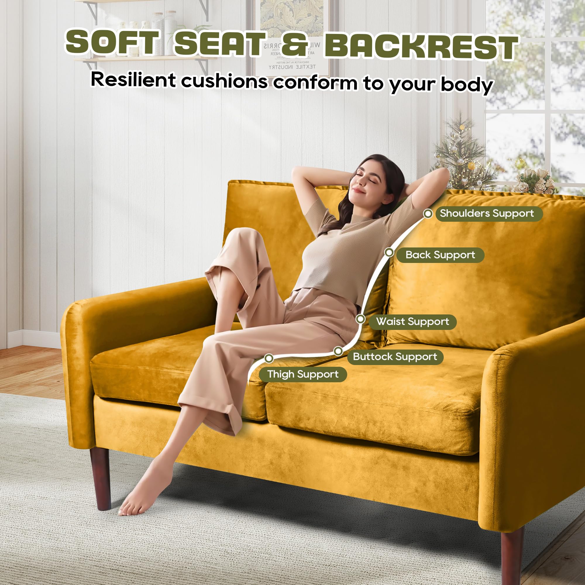 Bilhilury 54" Loveseat Sofa, Velvet Love Seat Couches for Living Room, Loveseat for Small Spaces, Small Couch for Bedroom Apartment Office, Mid-Century Modern Sofa with Throw Pillow,: Ginger