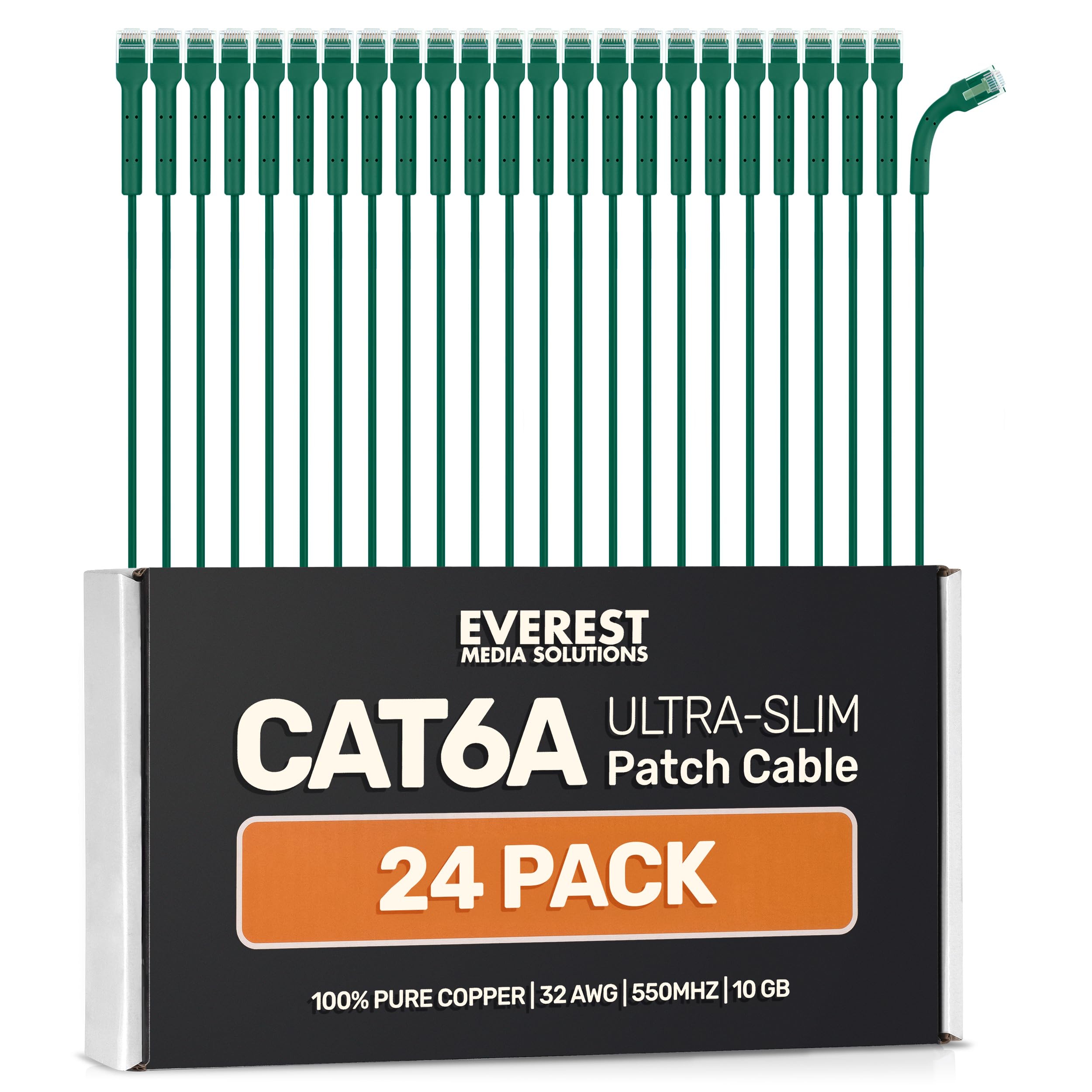 Everest Ultra Slim Cat6a Ethernet Patch Cables 1.5ft (24-Pack) Green - 10GB Cat 6a Patch Cable - Bendable, Flexible & Thin Ethernet Cable - Space