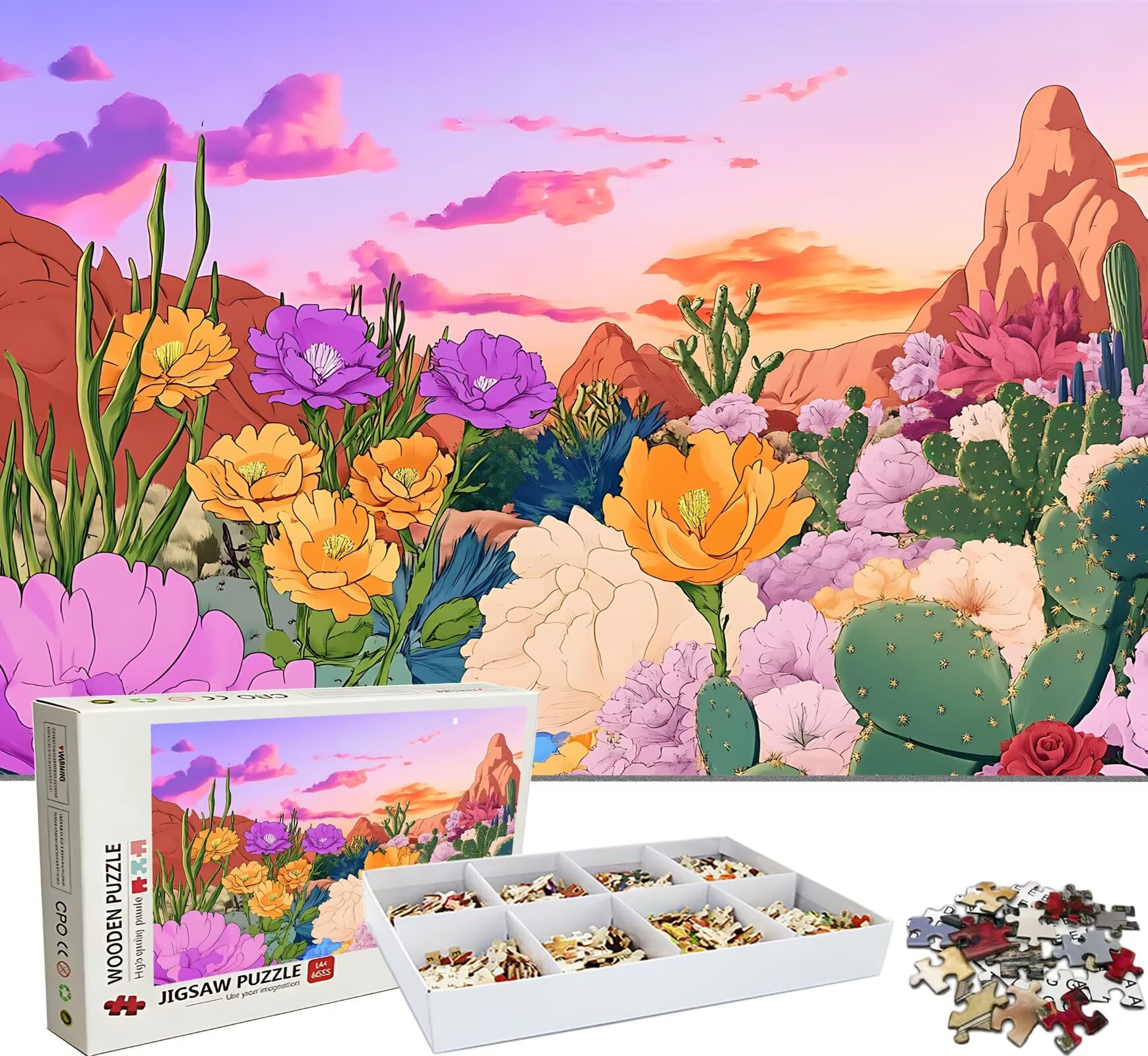 Puzzle 2000 elementów, drewniane puzzle dla dorosłych, kwiat, kaktus, Impossible, klasyczne puzzle Jigsaw 99,5 x 70,5 cm, gra rodzinna, puzzle, redukcja stresu, gra myśląca, dekoracja domu, w0-297