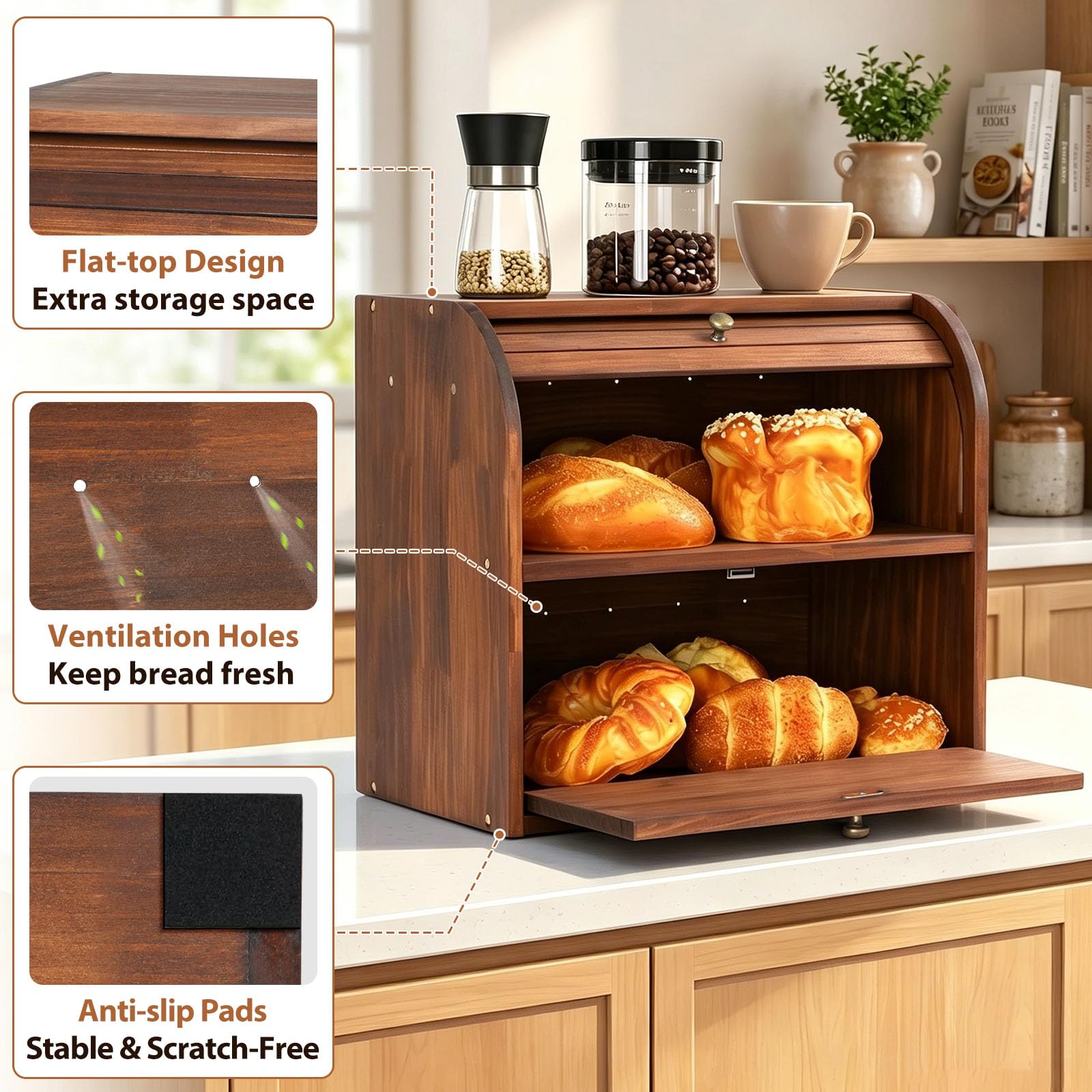 Wooden Bread Box - Keep Bread Fresh & Organized -6