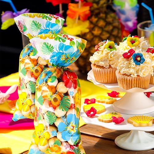 Miniatura 3 de 100 bolsas hawaianas de celofán Luau tropical, Aloha Hibiscus, bolsas de golosinas, suministros para fiestas Tiki, decoraciones Luau con 100 lazos