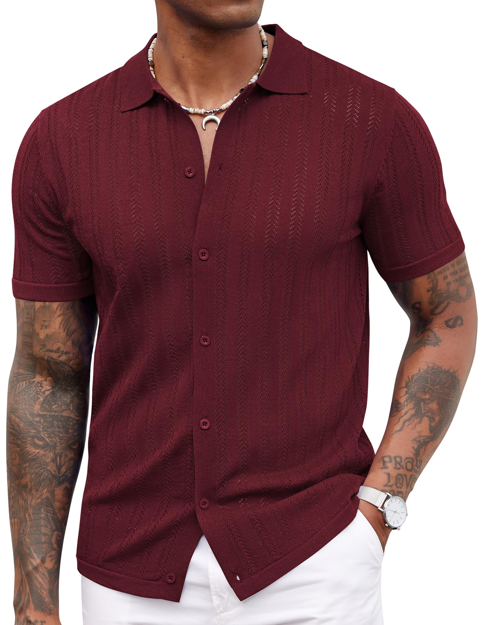 COOFANDY Men's Knit Shirts Short Sleeve Button Down Polo Shirt Crochet Casual Vintage Summer Beach Shirts