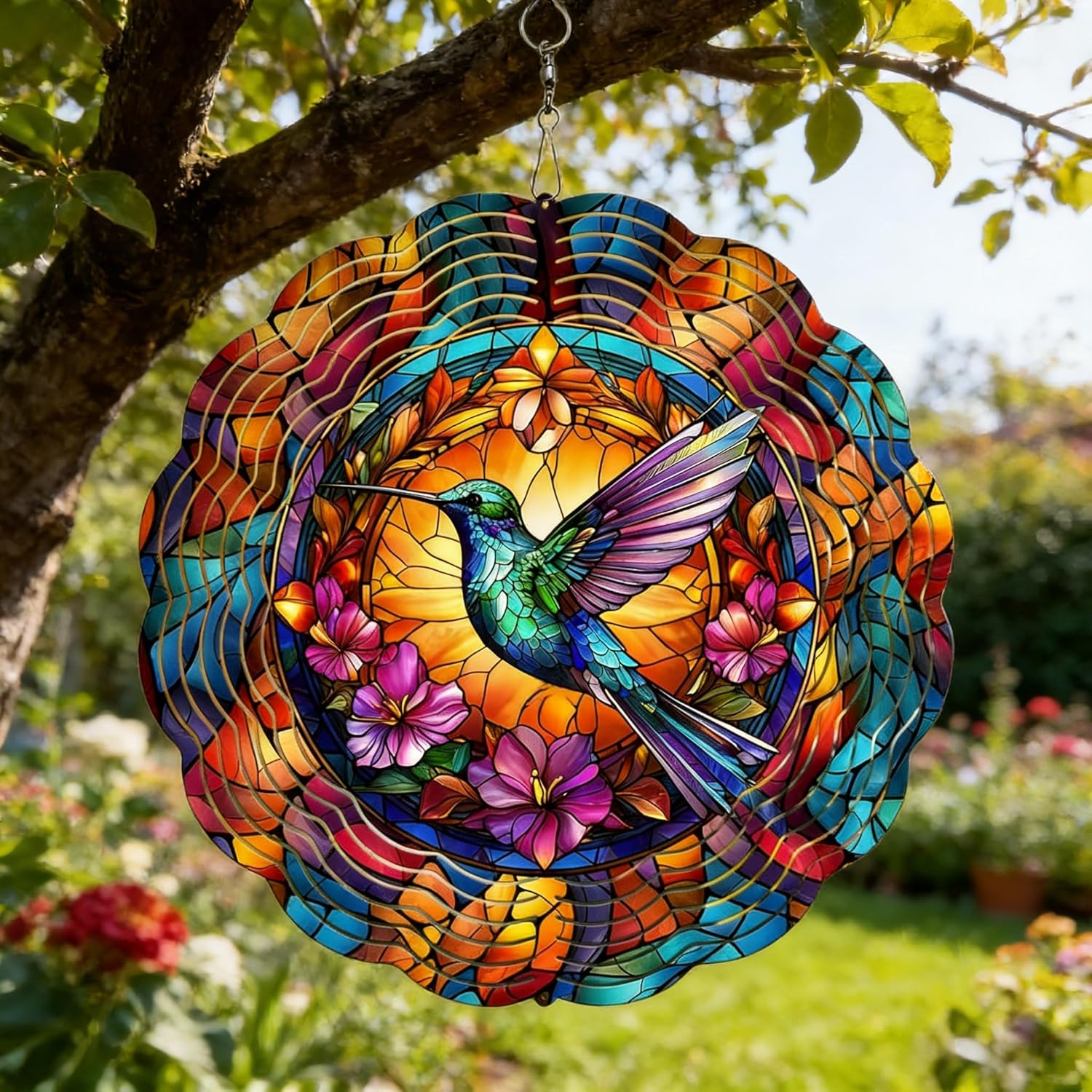 Humming Bird Hanging Wind Spinners-12 inch 3D Stainless Steel Laser Cut Metal Yard Art, Outdoor Garden Decor, Unique Gift for Women Men