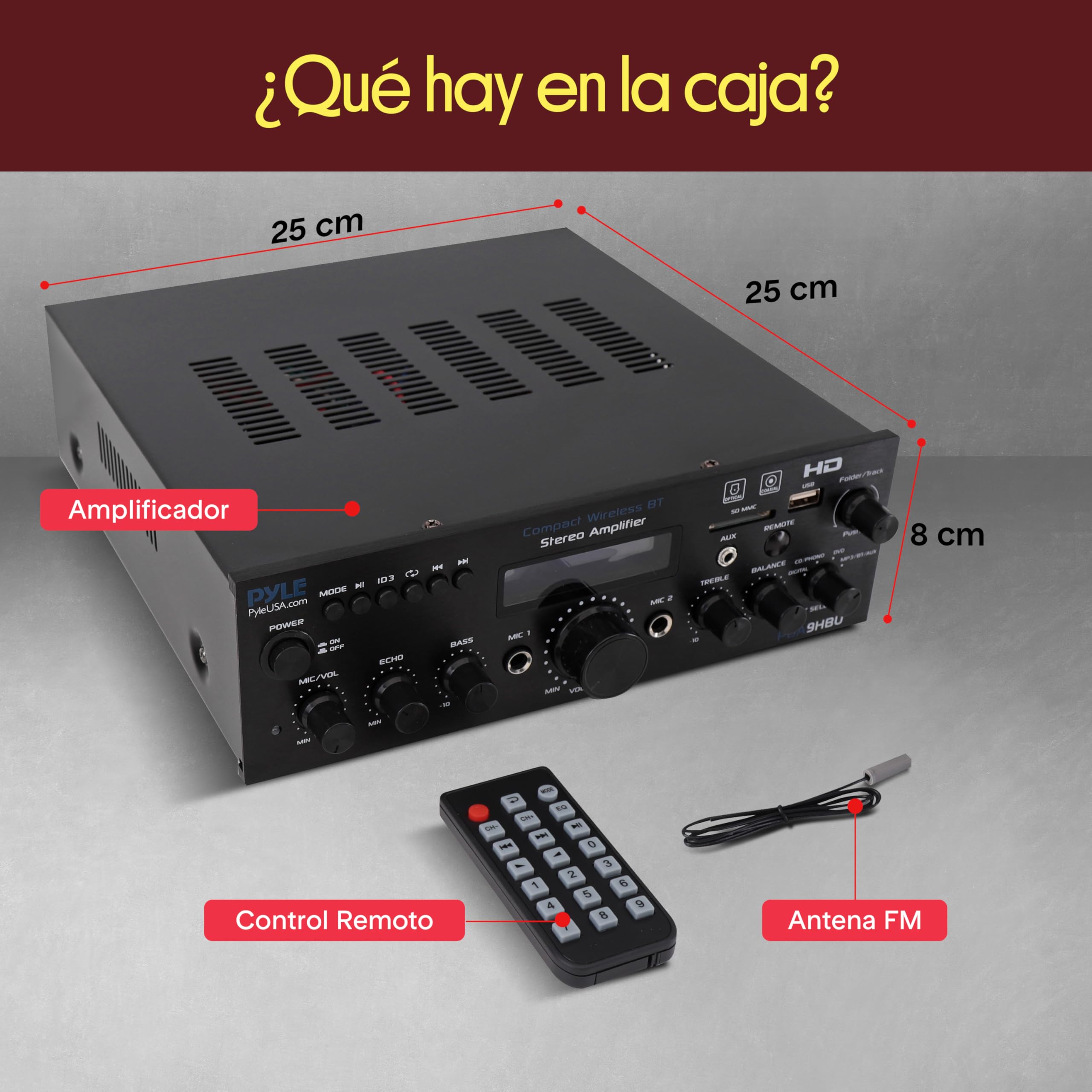 Pyle Amplificador de Sonido, 200W, Bluetooth, Inalambrico, Estereo, para el hogar, Control Remoto, Sistema con HDMI/Optico/Fono/Coaxial, Radio FM, USB/SD, AUX, RCA