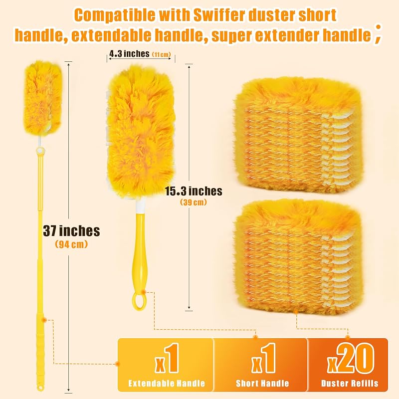 JEHONN Portörlő Utántöltő Csomag 20db Swiffer Dusterrel Kompatibilis, 360° Porvonzó, Teleszkópos Nyéllel, Állítható Fogantyúval, Állatszőr é
