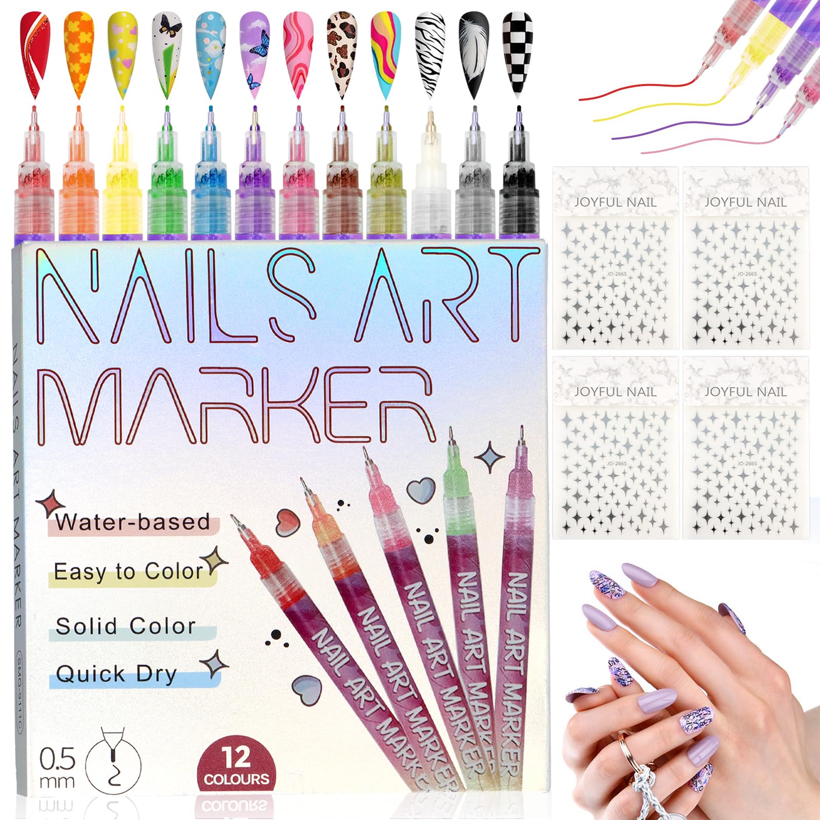 SPOKKI 12 Farben 3D Nagellack Stift Set Nail Art Marker 0.5mm Nagelkunststift DIY Linie Nagelkunst Graffiti Schnelltrocknend, Splitterfest für DIY Nagelkunst, Schönheit, Schmuck, Maniküre Werkzeuge
