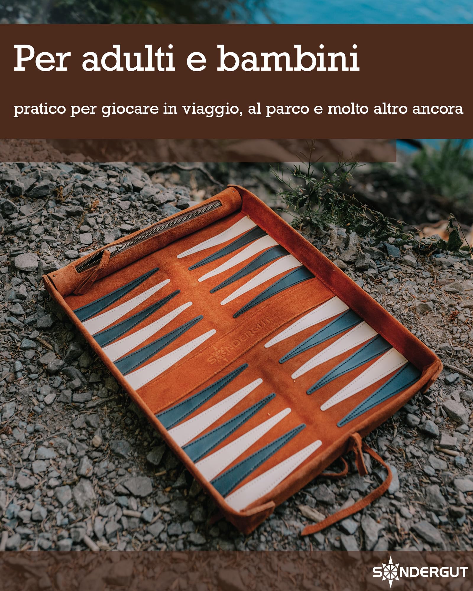 Sondergut Backgammon Deluxe – Design brevettato pieghevole e vera pelle – Design elegante – Pietre da gioco in legno di faggio di alta qualità, 30 x 40 cm