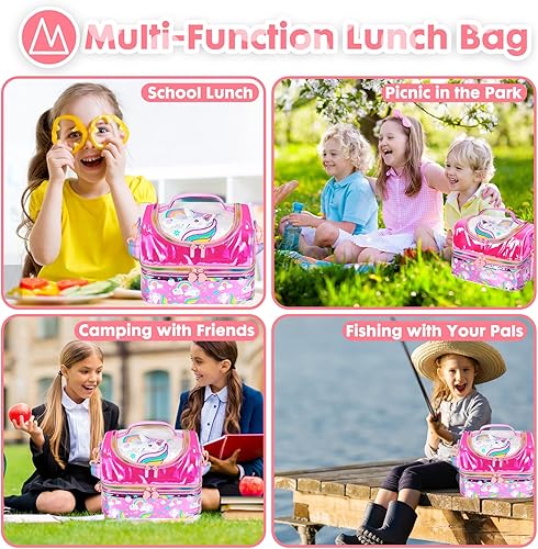 Miniatura 8 de YOYTOO Bolsa de almuerzo aislada de dos pisos para niños, niñas, hombres, mujeres, con correa ajustable, unicornio