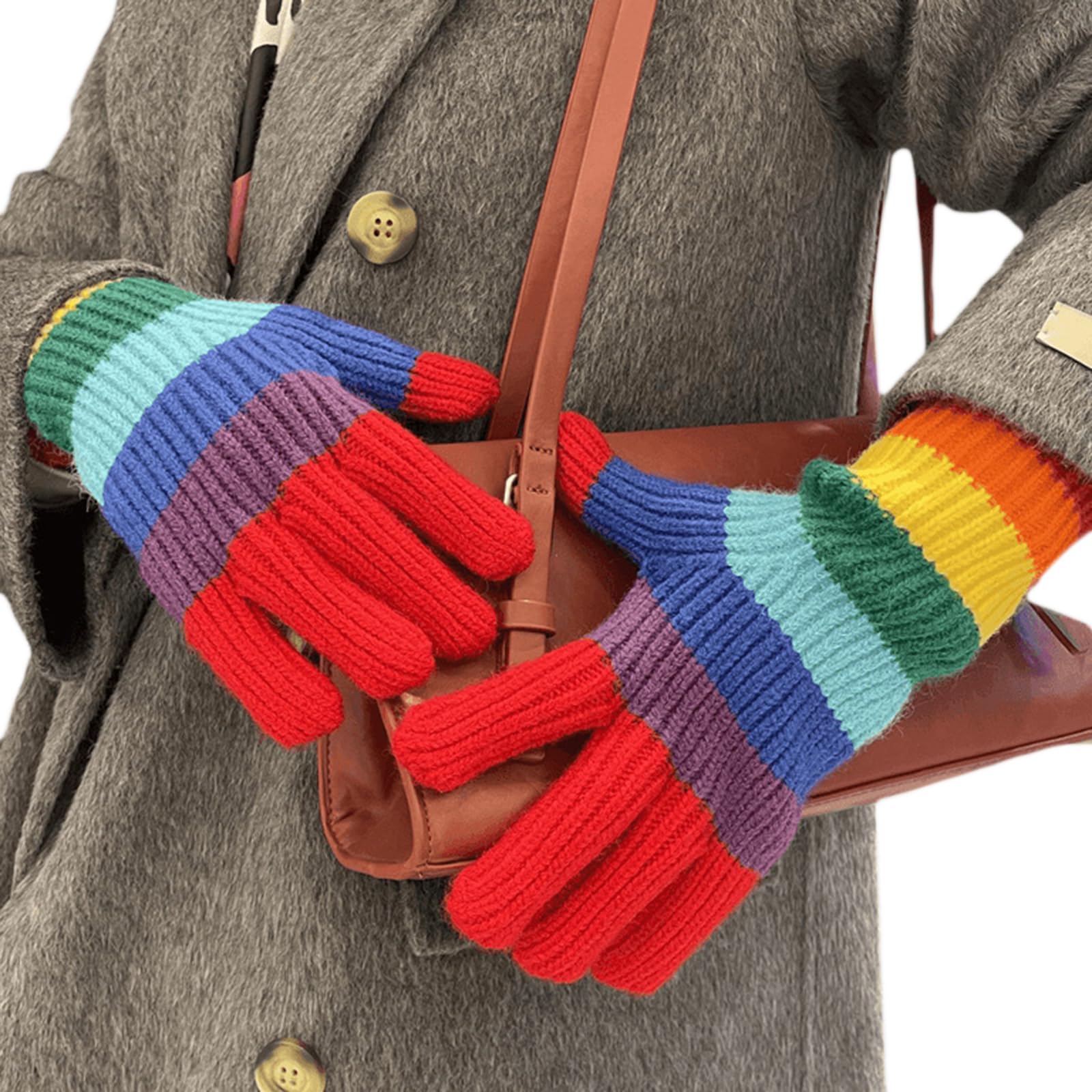 Zgehnao Women's Red Finger Gloves,Rainbow Color Striped Knitted Gloves Winter Full Finger Mitten Thicken Warm Christmas Gloves For Girlfriend