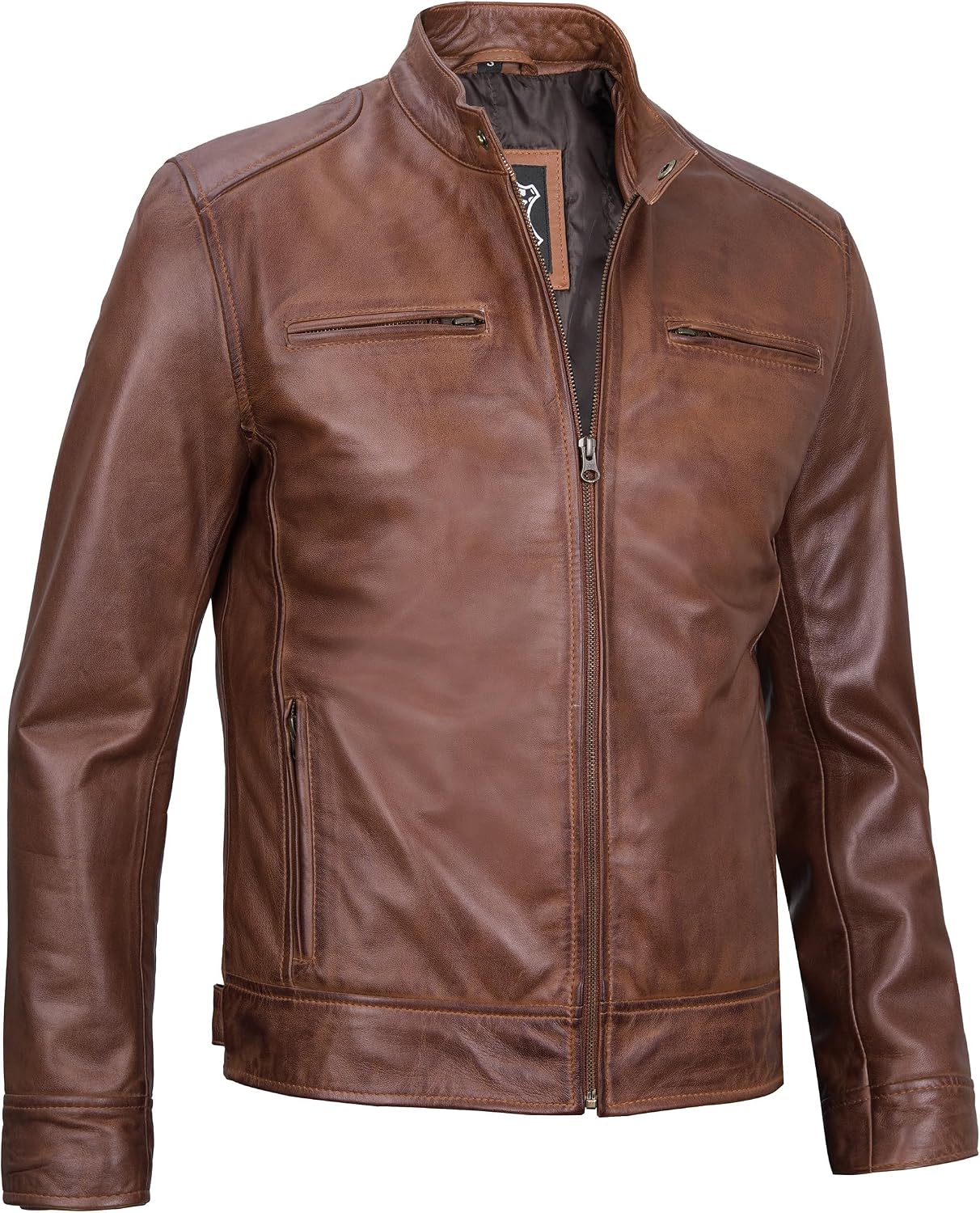 Blingsoul Disc Cognac Brown Leather Jacket Men | [1100494] Dodg Cognac, L