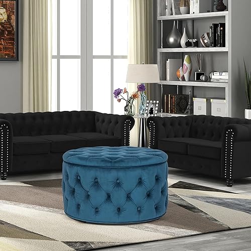 Miniatura 65 de Joveco Otomana redonda de almacenamiento, otomana tapizada con botones y parte superior extraíble, banco de almacenamiento, mesa auxiliar, Negro,