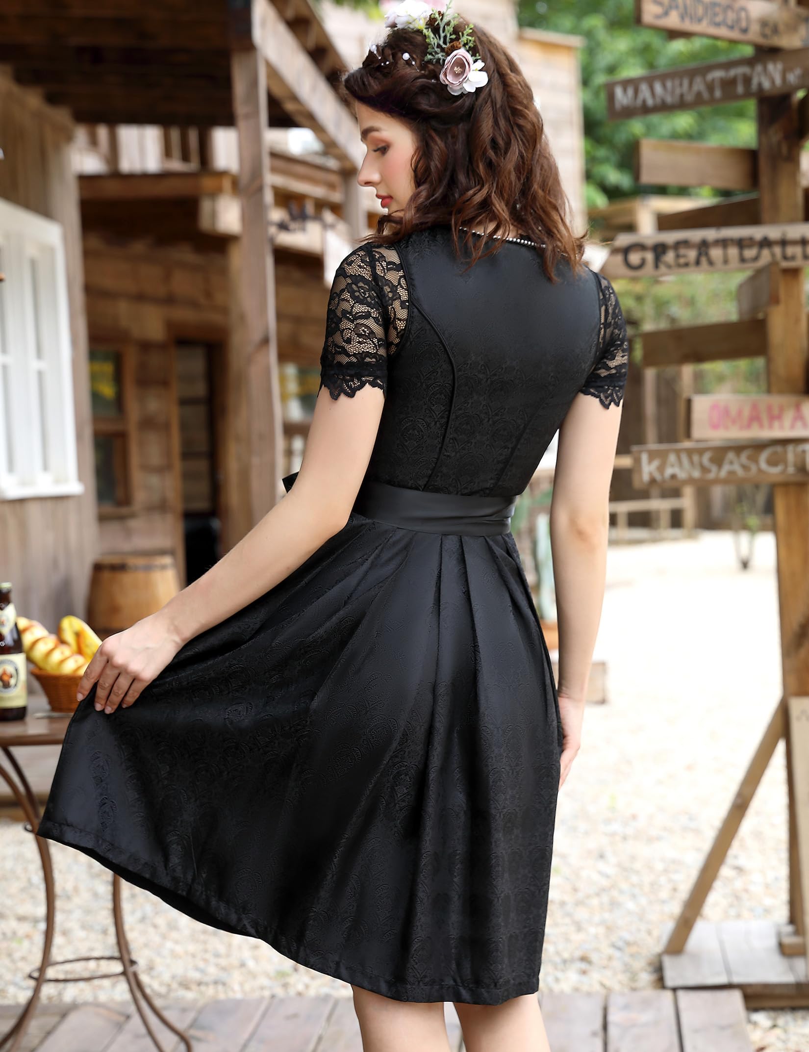KOJOOIN Kurz Dirndl Damen 3Tlg. Trachtenkleid Midi für Oktoberfest mit Spitzenschürze