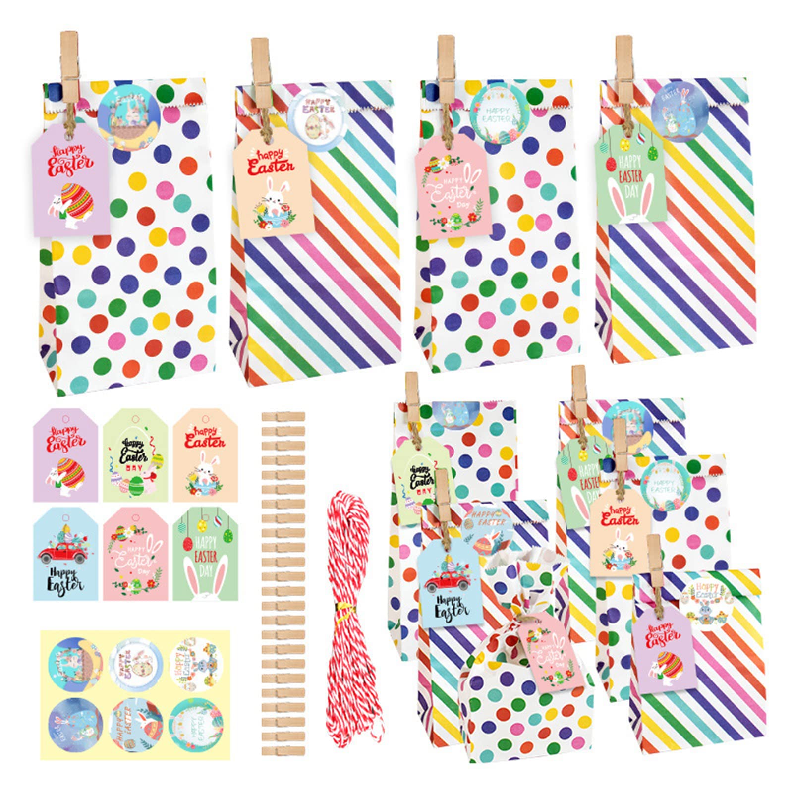 NEWFT Easter Paper Bags Set include Bag Clips Stickers Hanging Rope for Handmade Happy Easter Rainbow Candy Wrapping Bags Party Supplies