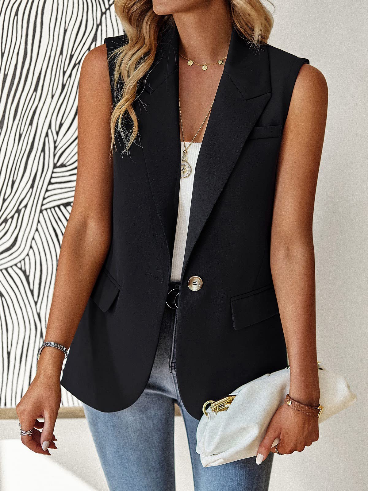 ALSOGO Blazer Damen Ärmellos Weste Sportlich Elegant Einfarbig Jacke Mantel Geschäft Büro Anzugjacke Revers Offene Vorderseite Freizeit Business mit Tasche