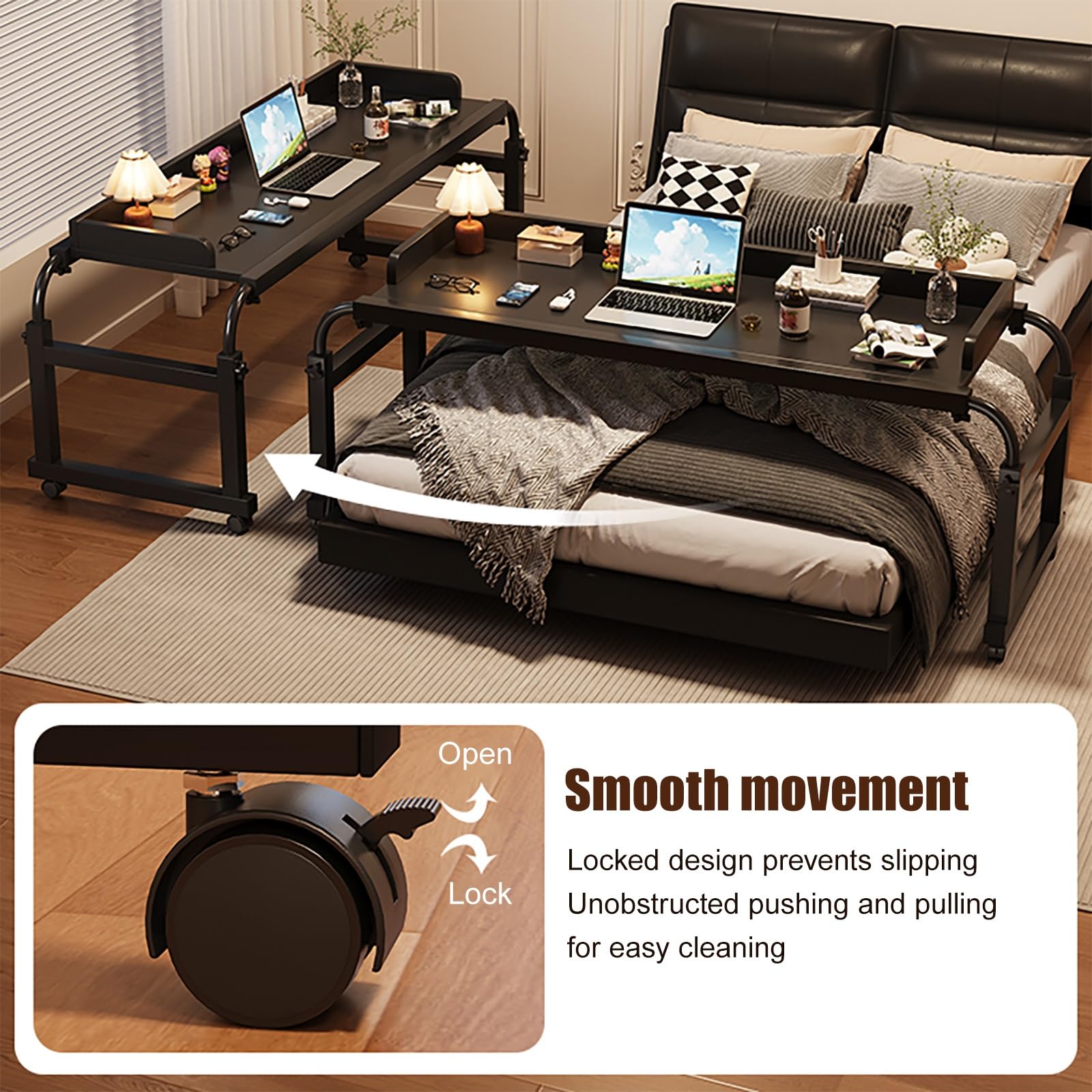 Table de lit réglable en Hauteur et en Largeur sur roulettes, Table médicale à roulettes avec déflecteur, pour Lit pour Bureau Hôpital Lecture(White,120 * 44cm/47 * 17in)