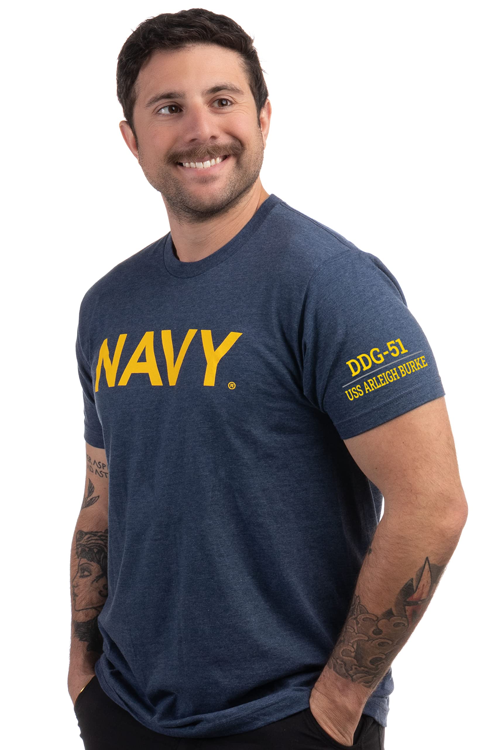 Navy Chest Print & U.S. Military Sleeve Flag Shirt - Naval Veteran Sailor T-Shirt for Men