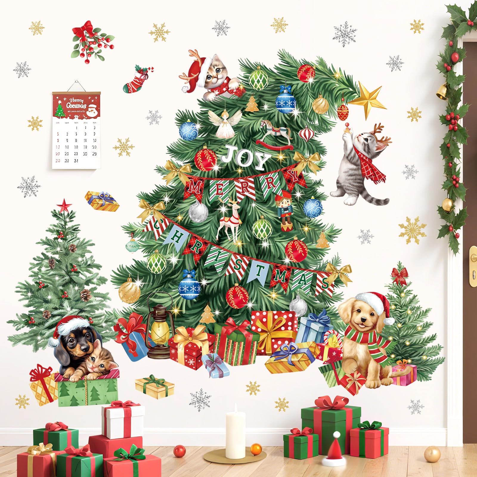 wondever Large Christmas Tree Wall Stickers Evergreen Tree Christmas Dogs Cats Peel and Stick Wall Art Decals for Window Xmas Home Party
