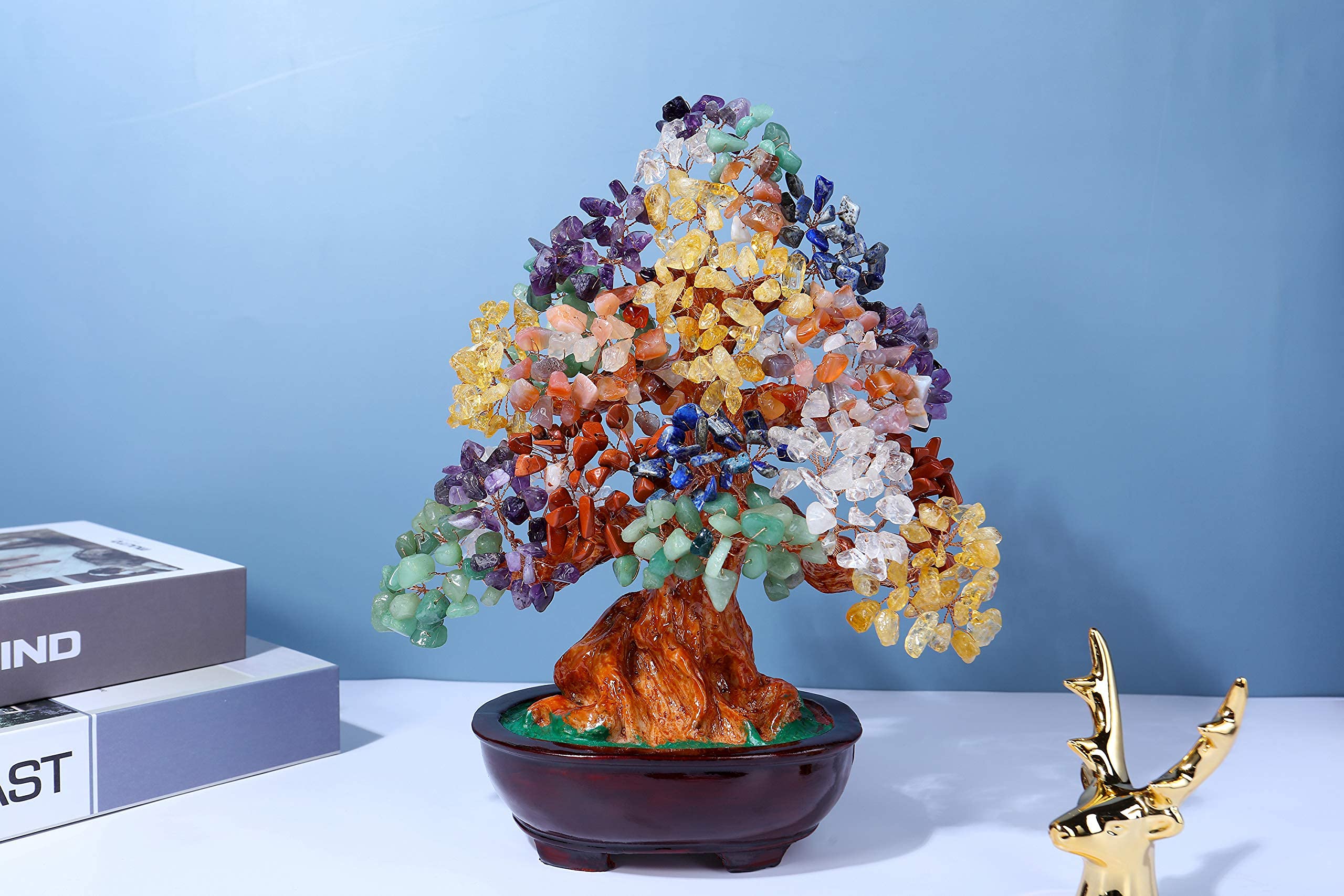 JSDDE Arbre Feng Shui Pierre Ornements de Base Ovale en Résine Grand Arbre de Vie en Cristal Décoration Jardin Maison Chakra Cadeau Fête des Mères