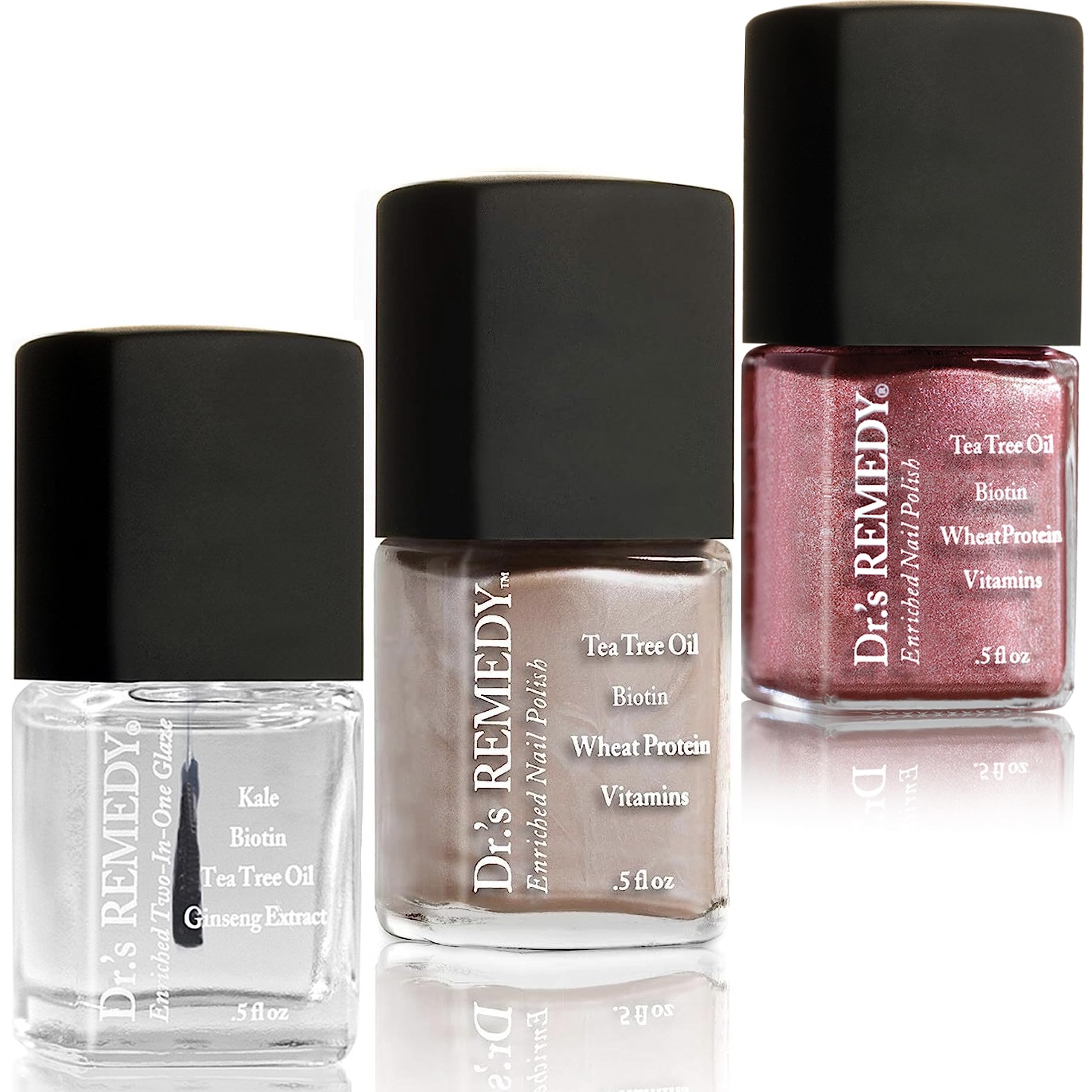 Dr’s Remedy 3 Pack Nail Polish Kit, Don't Dull Your Shine, Non Toxic and Organic All Natural Enriched Nail Strengthener - TOTAL Two-in-One/REFLECTIVE Rose/POISED Pink Champagne