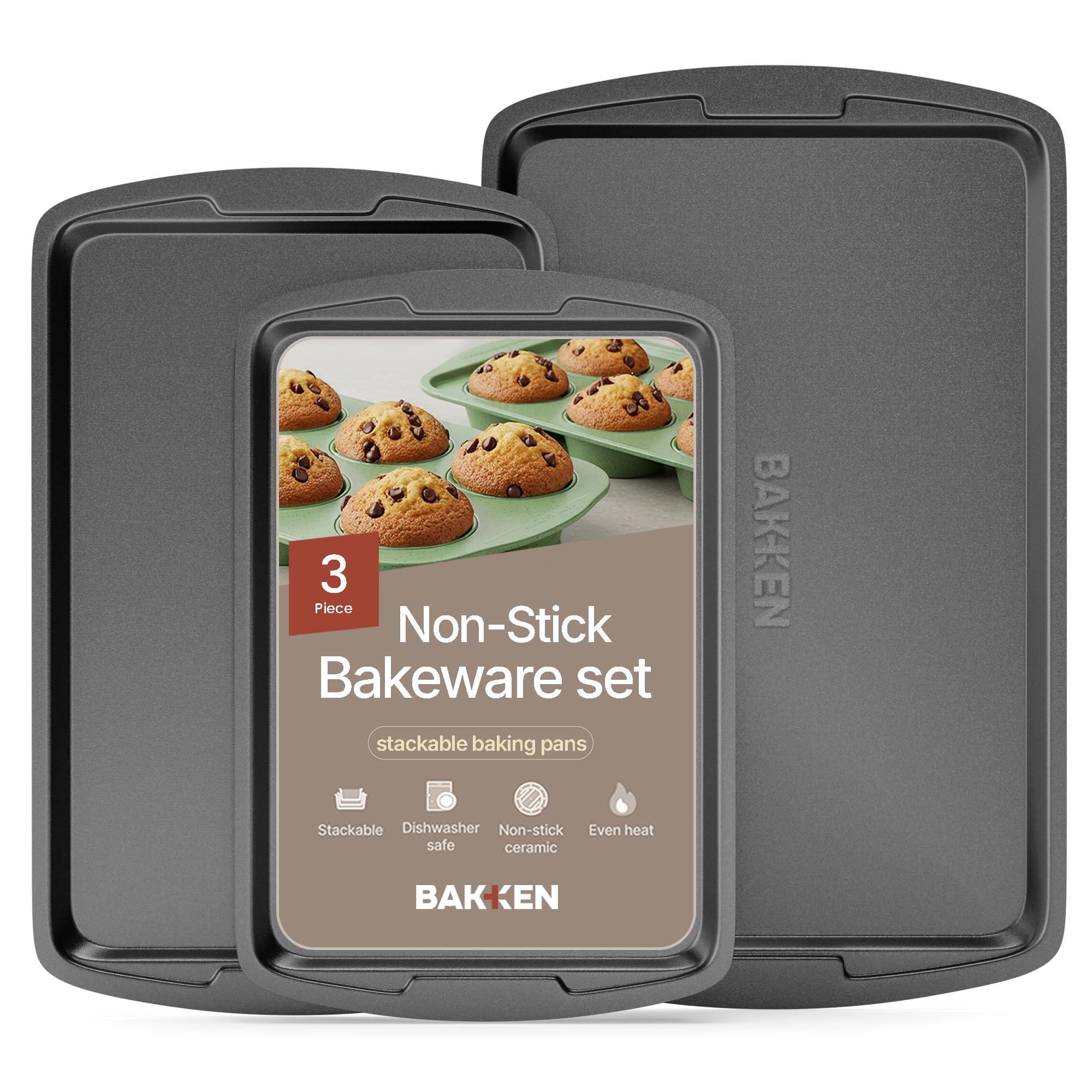 Bakken Swiss Cookie Sheet 3 Piece Set - Non-Stick, Stackable Baking Pans, Gray Deluxe Ceramic Coating – Dishwasher Safe - for Home Baking