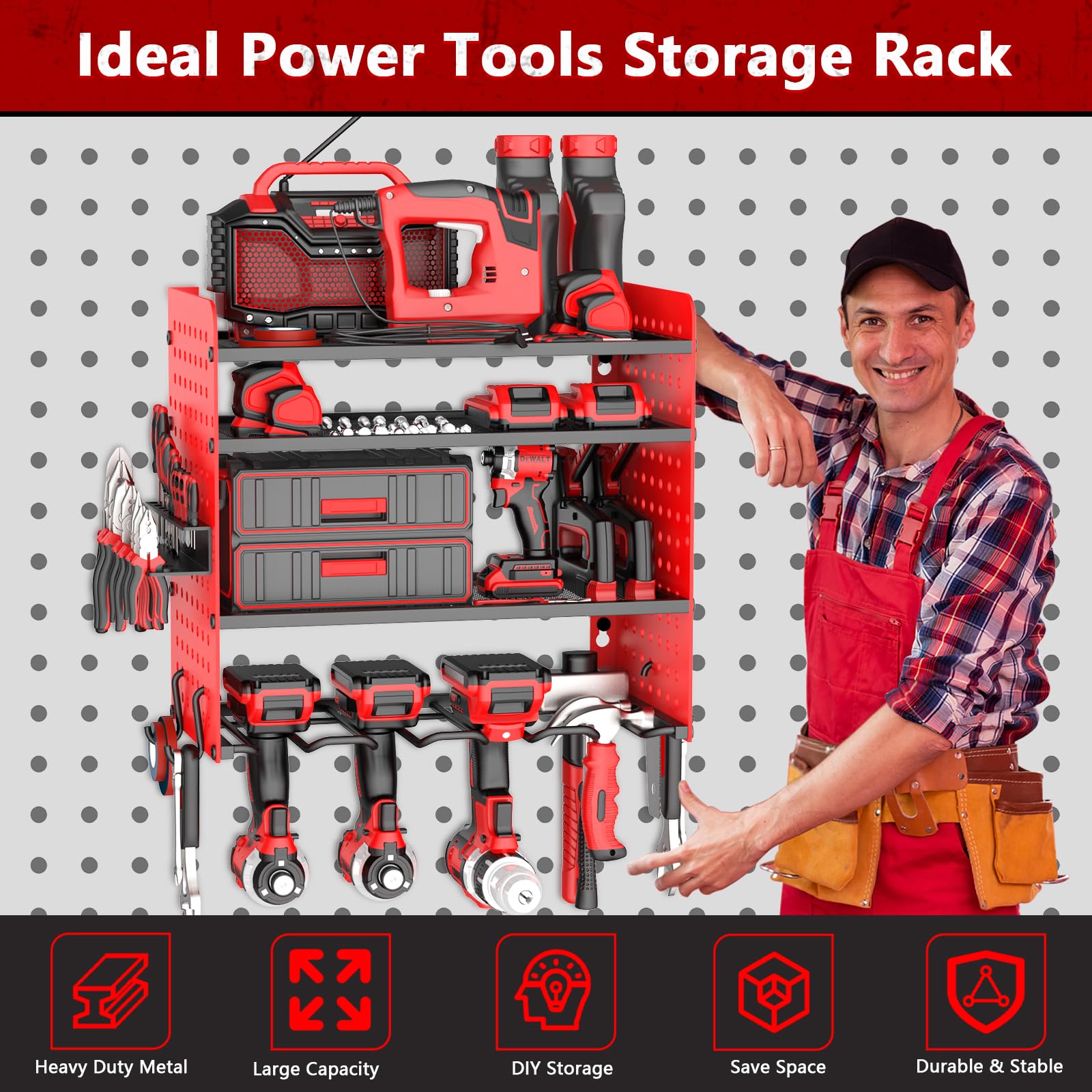 Organizer per utensili elettrici da parete a 4 strati, per l'organizzazione del garage, organizer per attrezzi da garage e stoccaggio con 4 supporti per trapano, 1 supporto per cacciavite, scaffale