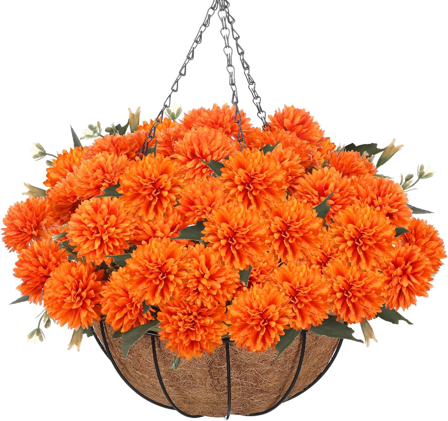 6 Bundles Fall Mums Artificial Flowers Hanging Basket for Outdoor Decor Fake Marigolds Faux Silk Orange Flower Bouquet Chrysanthemum UV Resistant Realistic Plants for Wedding Autumn Table Home Decor