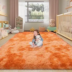 Kids Rugs for Bedroom, 5x7 Fluffy Shaggy Rugs for Living Room, Soft & Non Slip Fuzzy Orange Tie Dye Shag Rug for Girls Room Dorm Home Decor, Modern Indoor Floor Rug