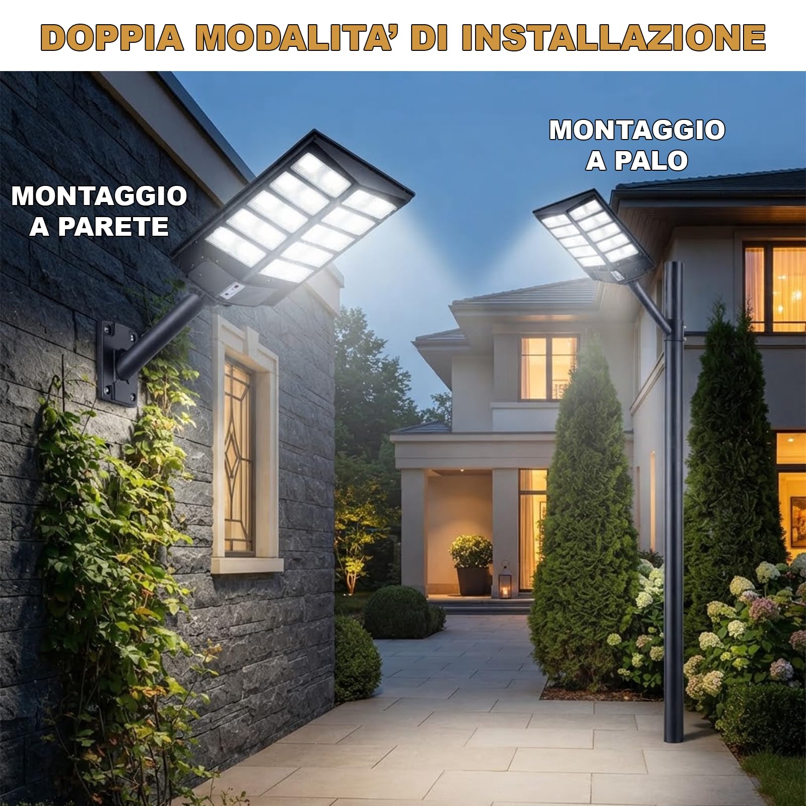 Lampione LED 1200W con Pannello Solare, Luce Esterno 6500K Ultra Potente, Sensore Crepuscolare e Movimento, Automatico, Telecomando + Staffa, IP66 Impermeabile, Faretto per Giardino, Cortile, Strada
