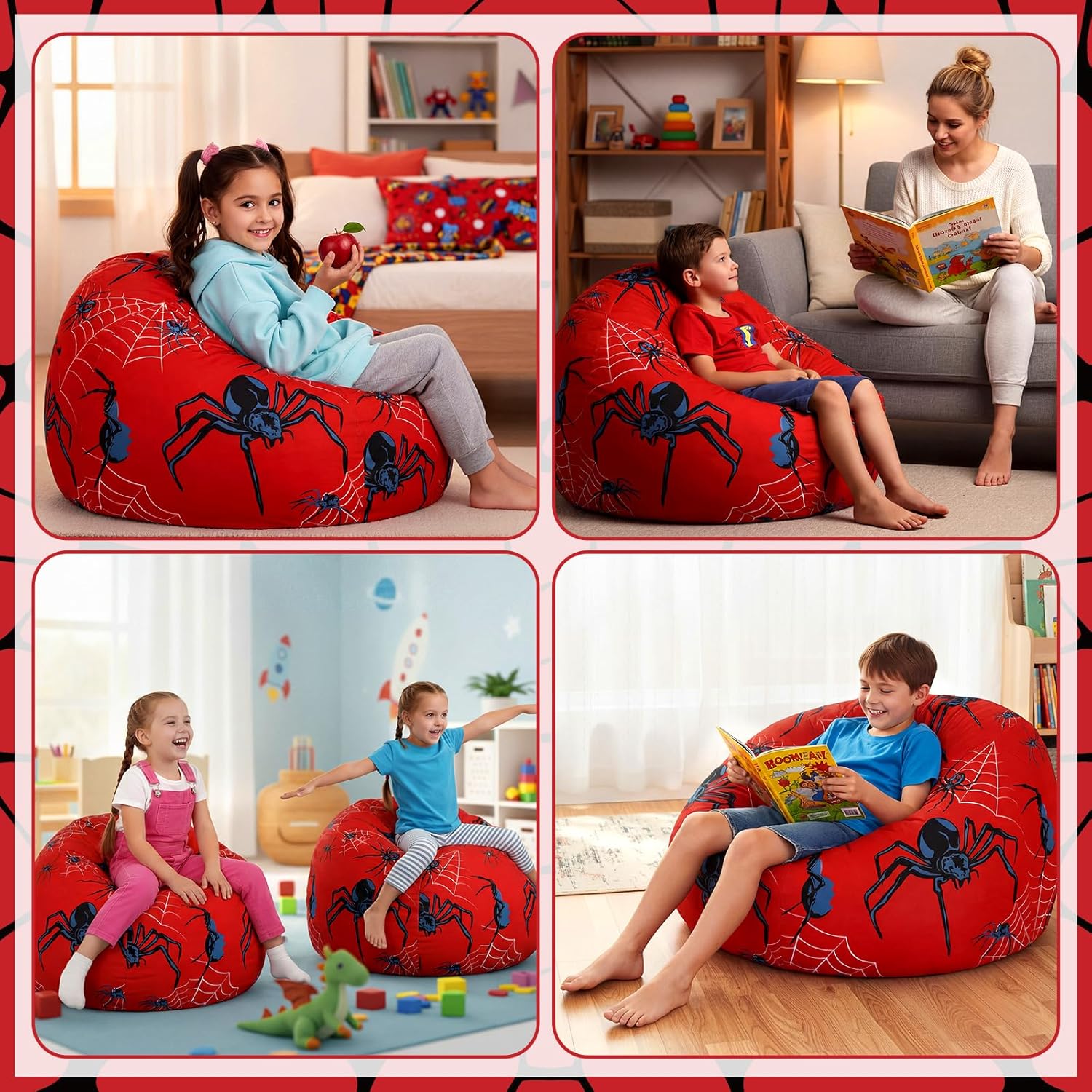 Boao Stuffed Animal Storage Bean Bag Chair Cover (No Filler) Washable Canvas Beanbag Chair Bean Bag Cover with Zipper for Organizing Plush Toy or Textile Sack Beanbag(1 Pc,Spider,27 Inches)