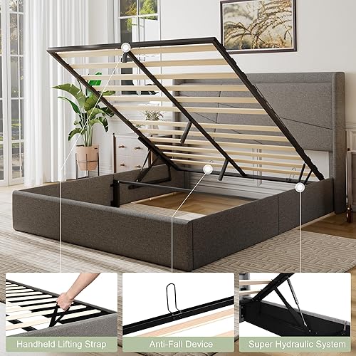 Miniatura 5 de Feonase Base de cama de almacenamiento elevable tamaño Queen con estación de carga, marco de cama tapizado geométrico con respaldo de alas, soporte