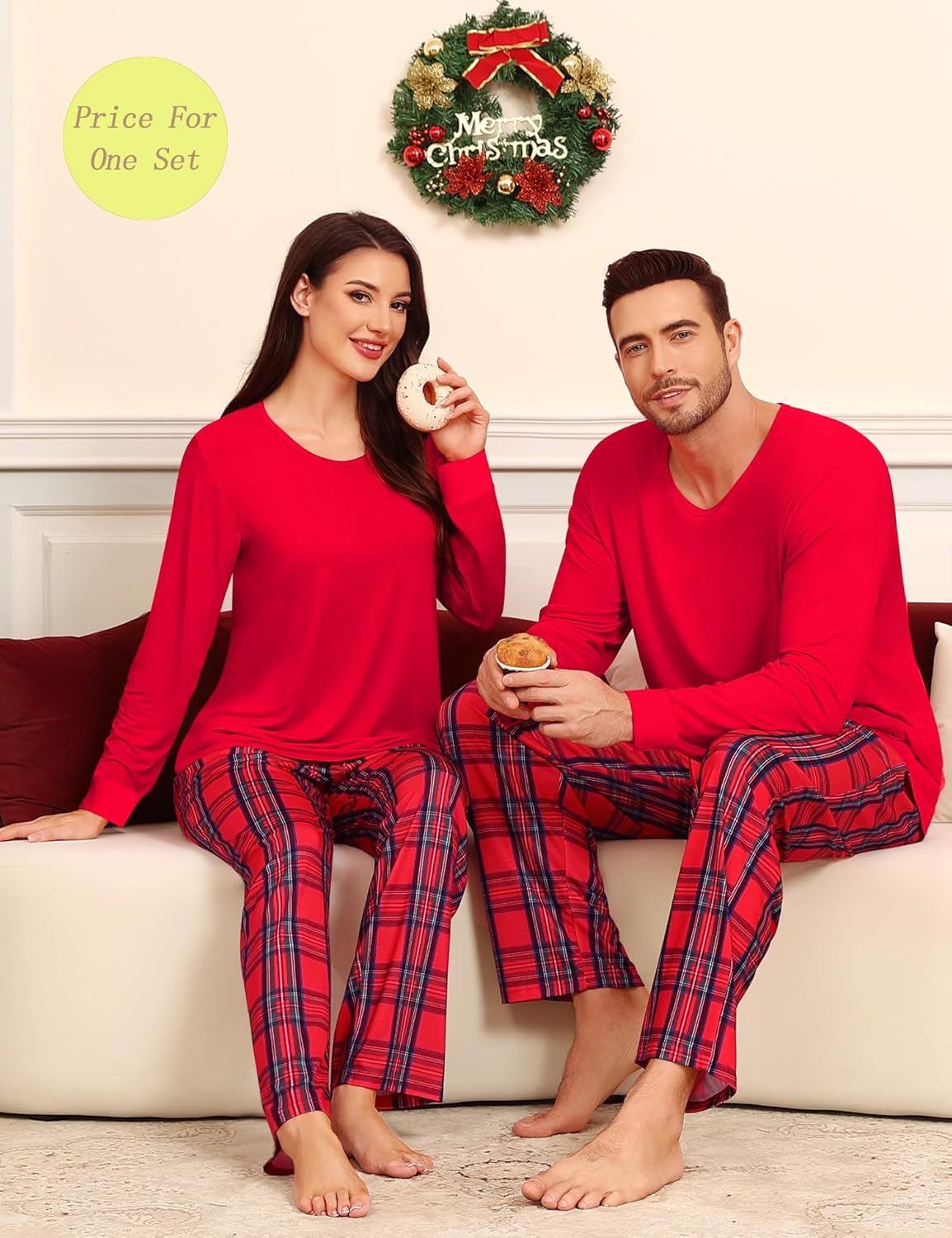 LecGee Matching Christmas Pajamas for Couples Long Sleeve Family Sleepwear Women Men Buffalo Plaid Pjs Pant with Pockets - Image 2
