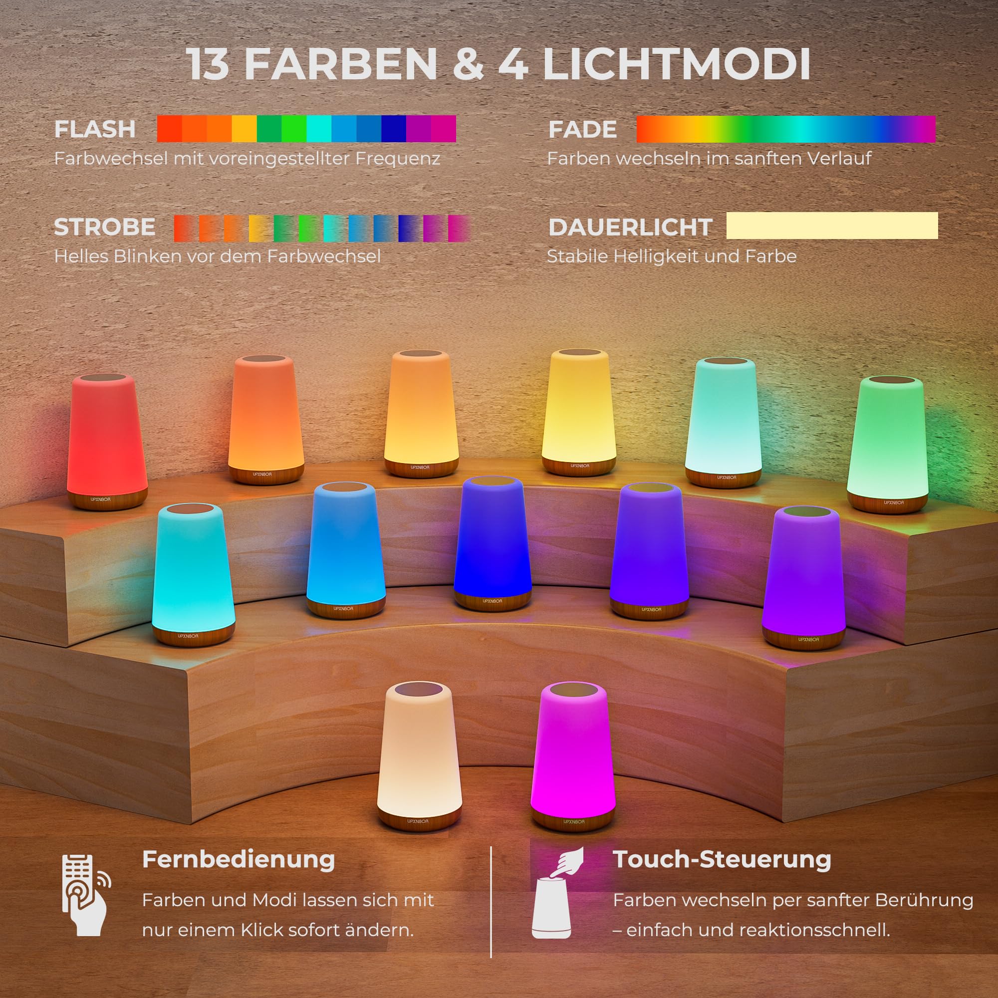 Lampka nocna LED z pilotem, z funkcją ściemniania, 13 kolorami RGB | Regulowane Światło, 13 Kolorów RGB i 5 Poziomów Jasności, Timer, Haczyk, Ładowanie USB, Przenośna Lampka do Sypialni i Salonu