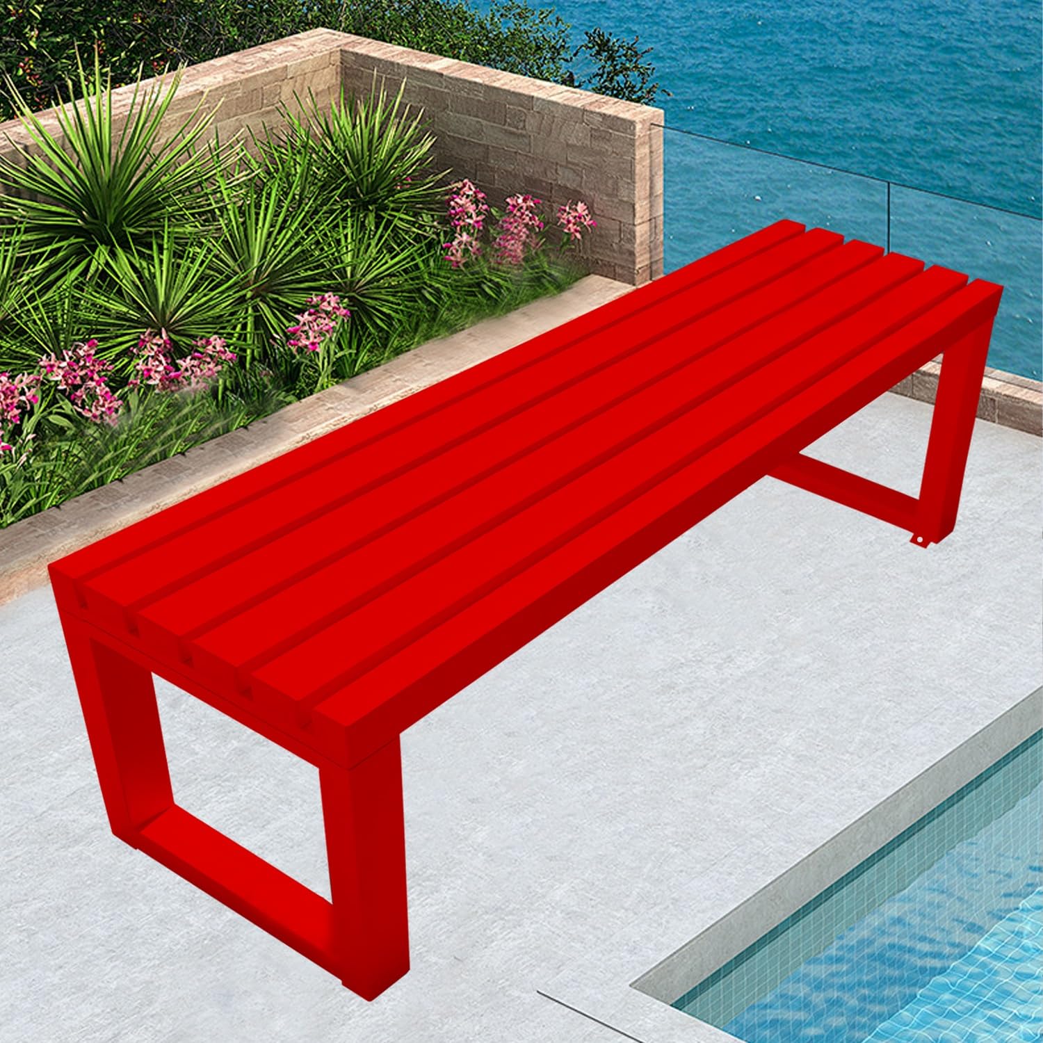 Banco de jardín de metal resistente a la intemperie, asiento de patio al aire libre para patio y porche, banco de parque sin respaldo de 4.9 pies, muebles elegantes y de entrada (rojo)