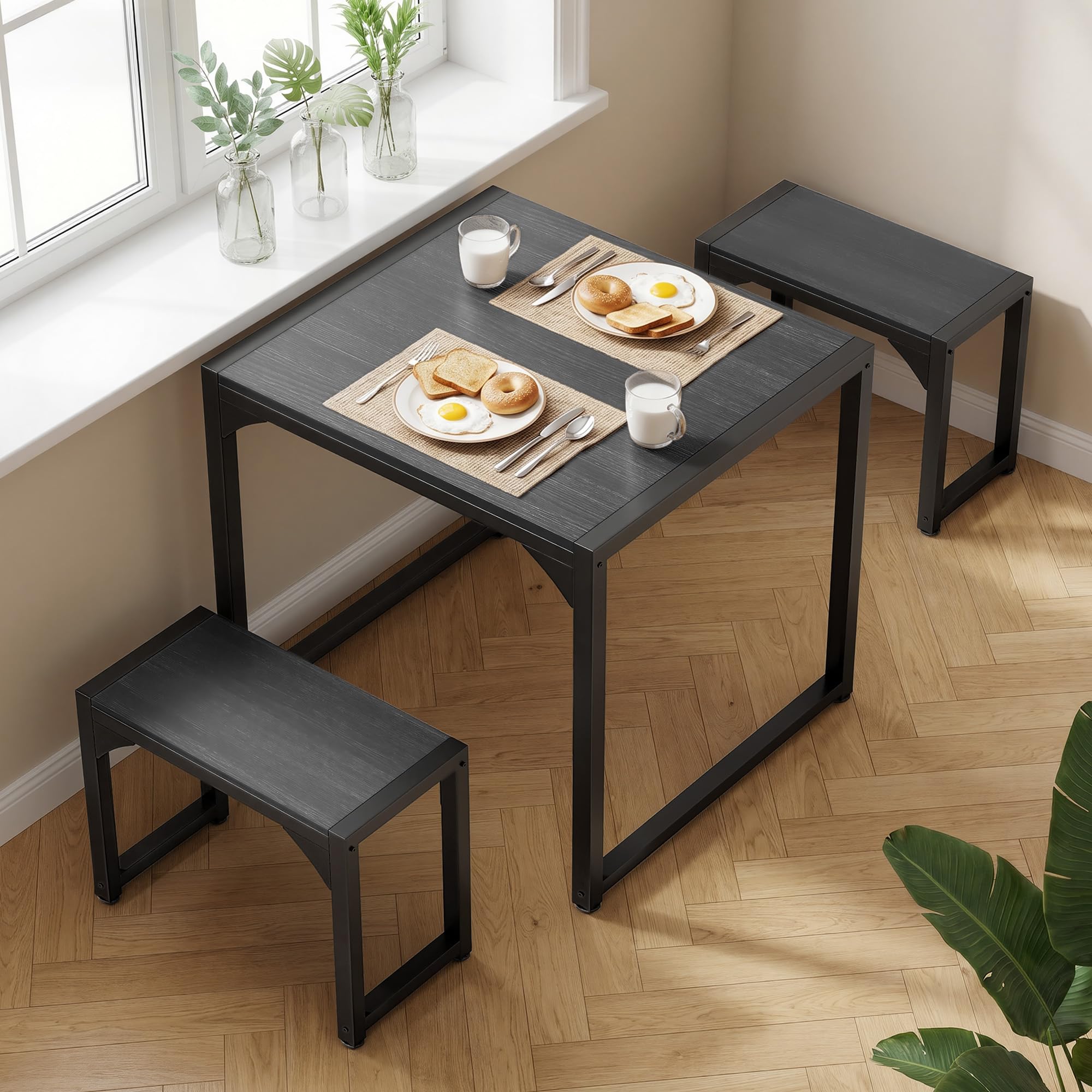 Conjunto de Mesa y 2 Bancos de Comedor de 3 Piezas, Juego de Mesa de Cocina Ahorro de Espacio, Estructura de Metal Industrial Robusta, para Apartamentos Pequeños, Cocina (Negro)