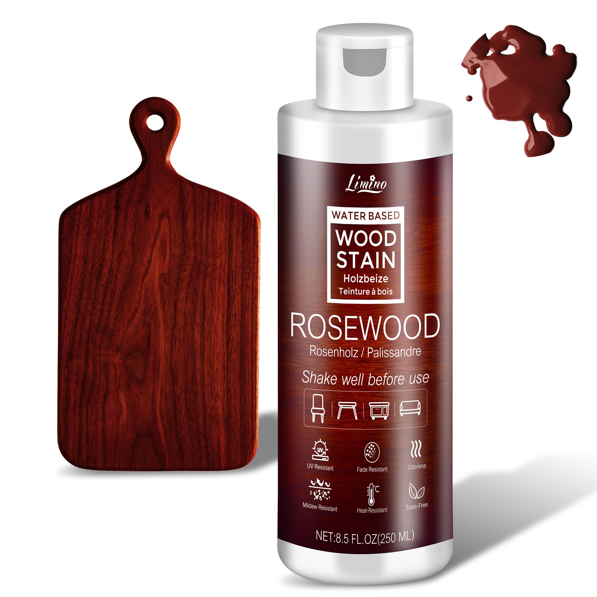 Water Based Wood Stain - Rosewood | Wood Varnish for Indoor ＆ Outdoor Furniture, Wardrobe, Cabinets, Doors, Low Odor ＆ Non-Toxic, Fast Drying, Multiple Classical Finishes - 8.5fl.oz / 250ml