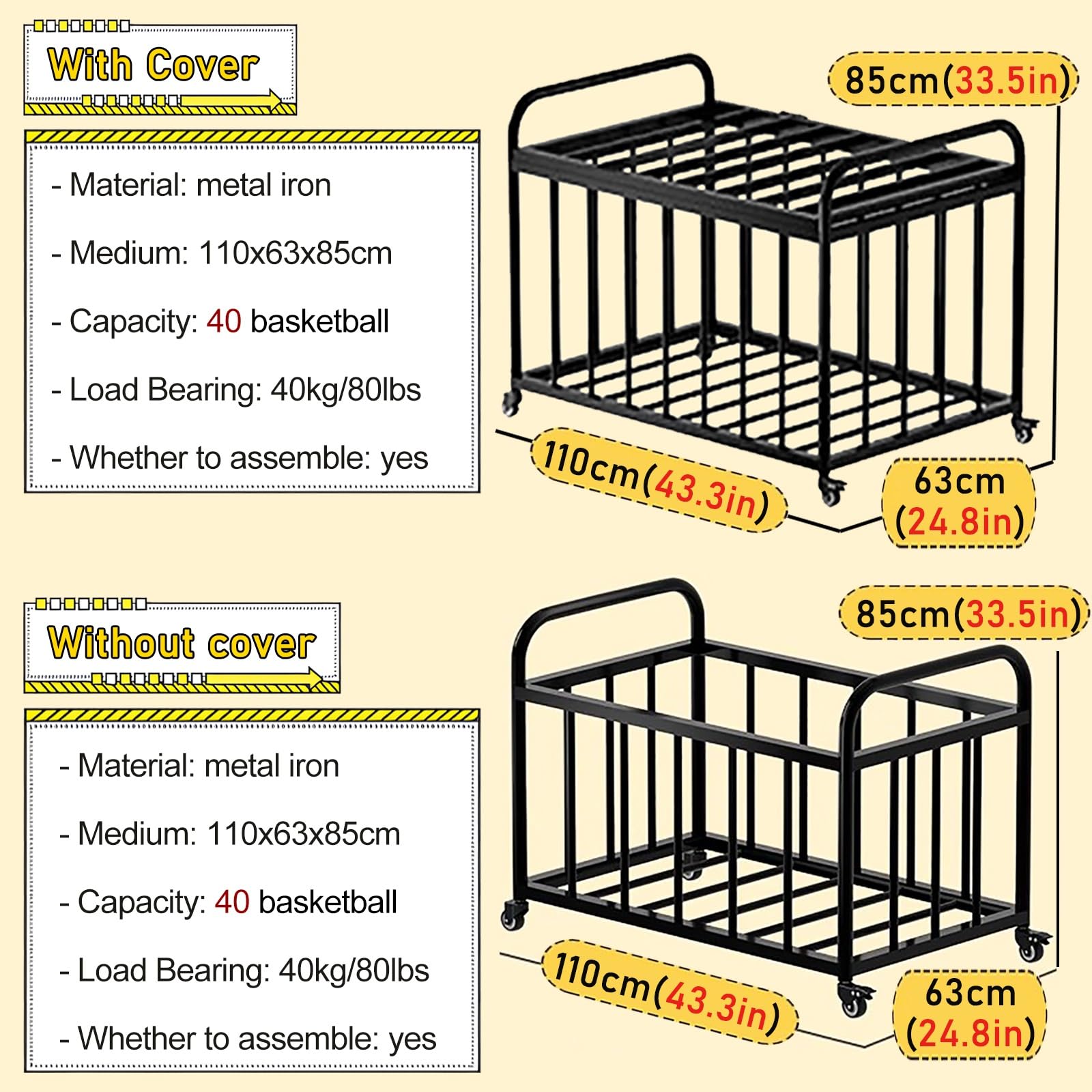 Portaoggetti da basket da esterno arrotolabile, grande carrello a sfera richiudibile, organizer verticale in metallo attrezzatura sportiva, per la palestra di casa garage (M nero (con