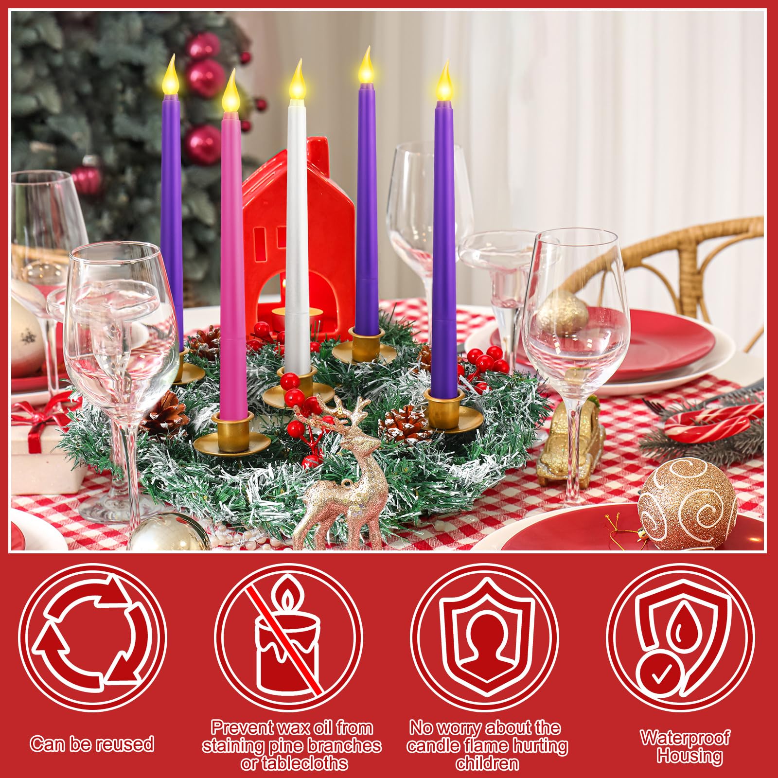 Tioncy Portavelas de corona de Adviento de Navidad de 12 pulgadas con 5 velas sin llama, control remoto, corona, portavelas, decoración de centro de mesa con bayas (pino cedro nevado, 11 x 0.8 x 0.8