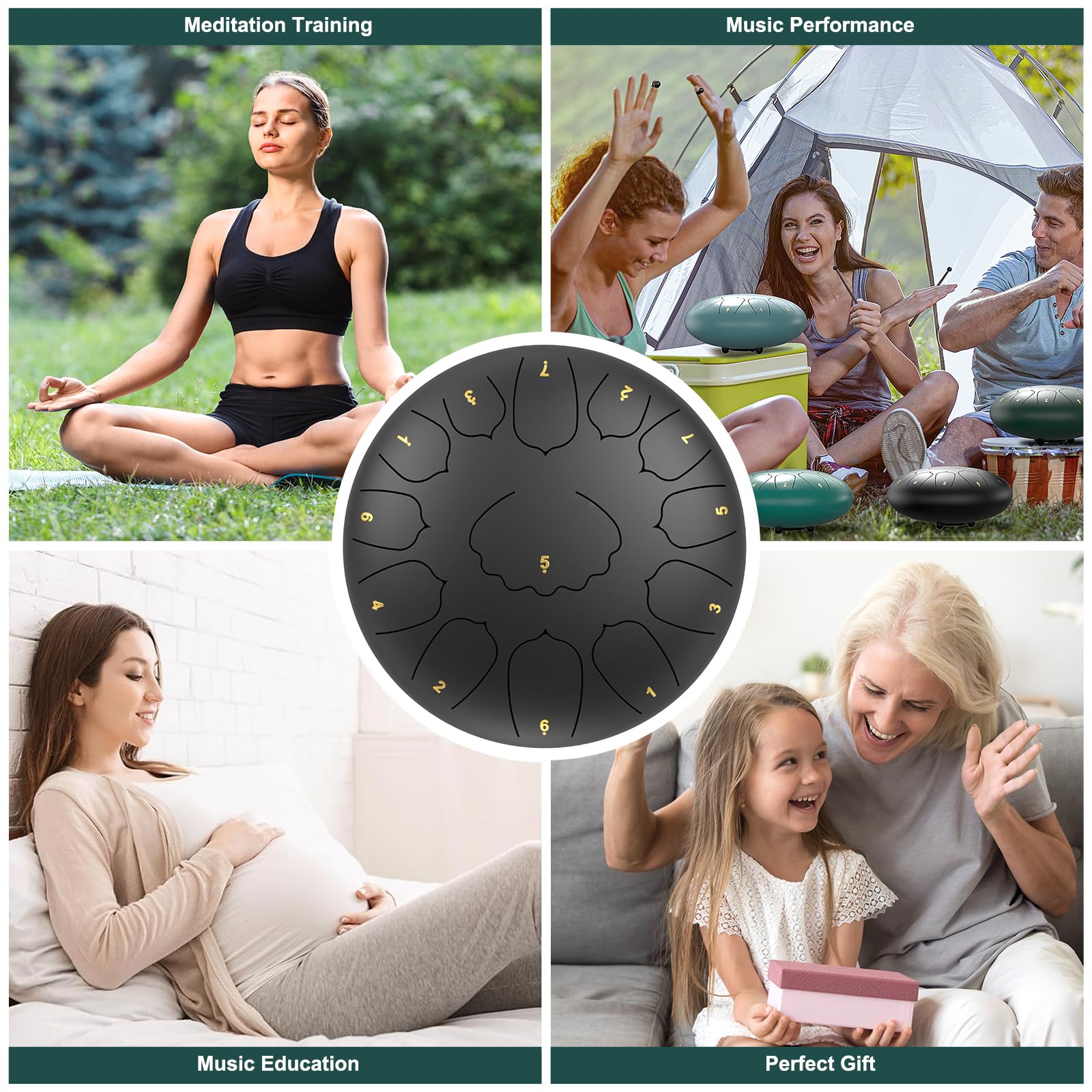 Large Steel Tongue Drum Handpan: 12 Inches 13 Notes Rain Drums for Outside Garden, Meditation Hand Pan with Music Book, Mallets and Carry Bag, Musical Instrument for Adult Kid Gift (Black) 6