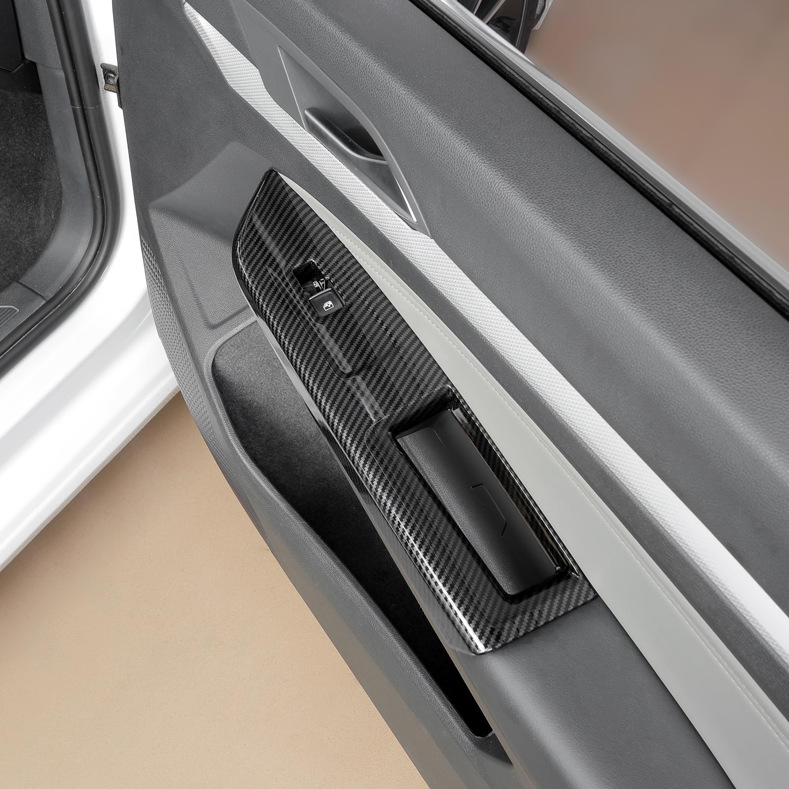 Fensterheber Abdeckung für VW Golf 8 2020 – 2025, 4-teiliges Set, ABS Interieur Dekorleisten in Rot/Carbonoptik, Passend für Tür Fensterheber Schalter