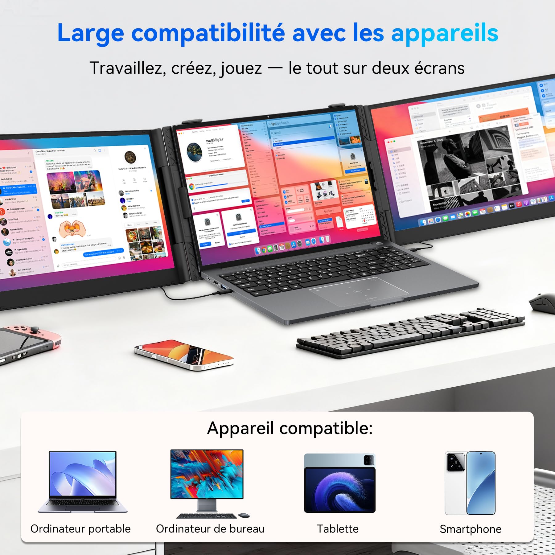 Blackview DCM6 Triple Ecran Pc Portable Ultra-Fin,14 "FHD 1080P IPS Moniteur pour Ordinateur Portable Certifié TÜV- Plug & Play sans Pilote,13"-17.3" Compatible avec Mac, Windows,Chrome, Switch,PS45